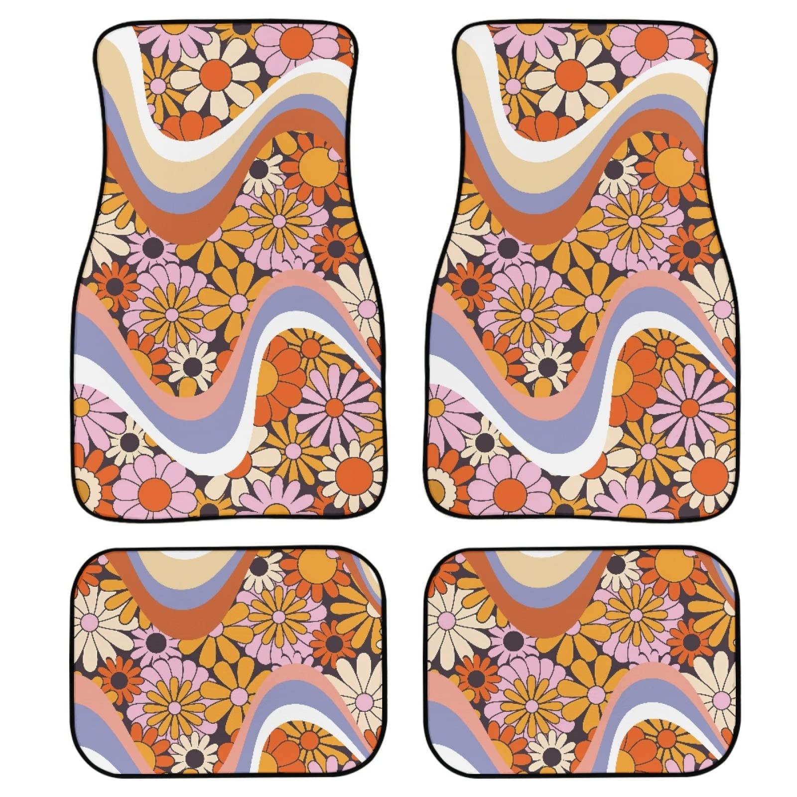 All-Weather Universal Car Floor Mats - 4-Piece Non-Slip Durable Set for SUVs, Trucks, Vans & Sedans | Waterproof & Easy Clean | Hippie Daisy Design | Perfect for Daily Commute, Road Trips & Outdoor Adventures