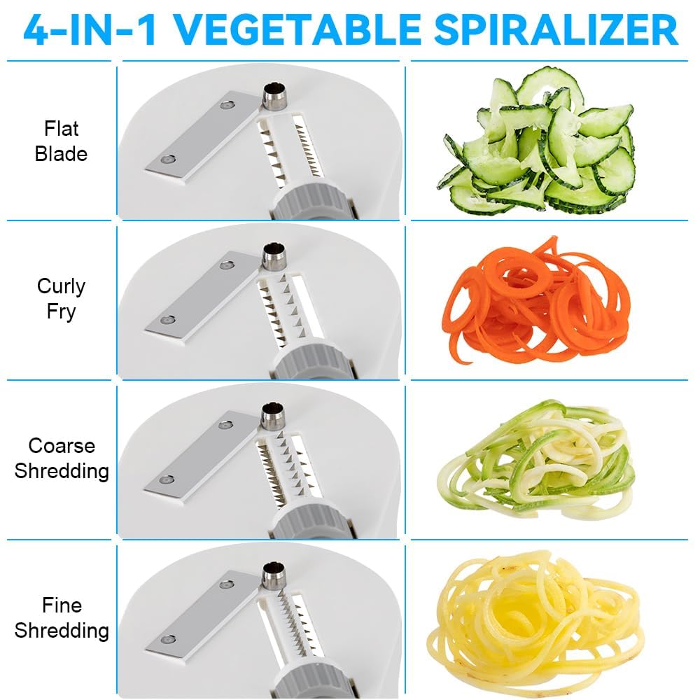 4-in-1 Rotating Blade Vegetable Spiralizer - Zucchini Noodle Maker with Strong Suction Base - Perfect for Healthy Pasta, Salads & Meal Prep (Keto, Vegan, Gluten-Free)