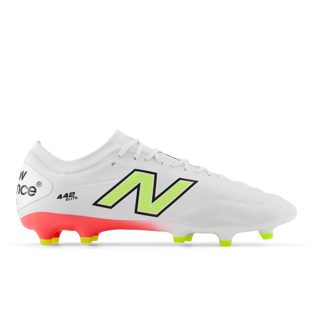 New Balance 442 Elite FG V2 Soccer Cleats for Men - White/Energy Red/Highlite - Firm Ground Football Shoes for Competitive Play & Training
