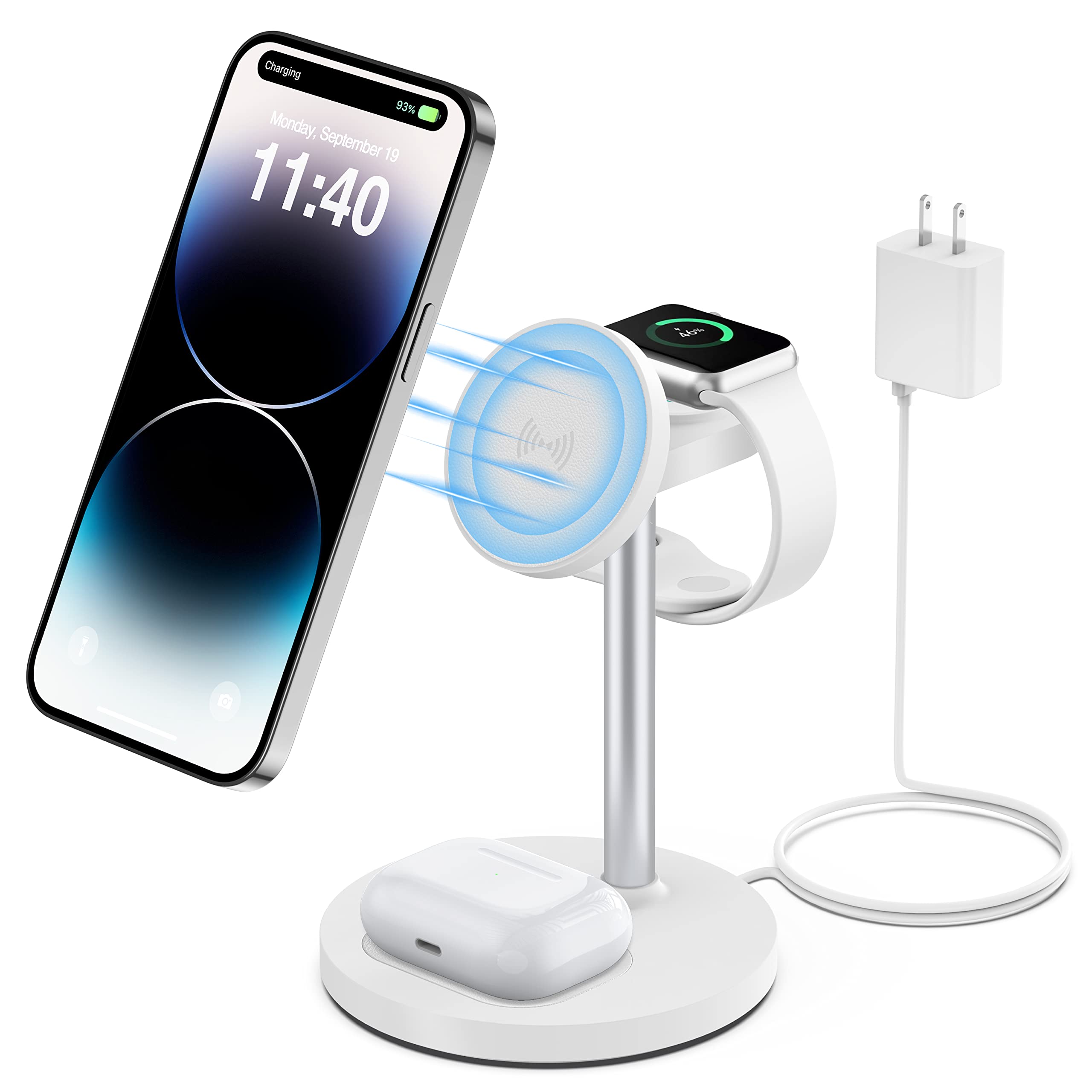 3-in-1 Magnetic Wireless Charging Station for iPhone 14/13/12 Pro Max/Pro/Plus, Apple Watch Ultra/8/7/6/5/4/3/2 & AirPods - 15W Fast Charging Stand with QC3.0 Adapter (White) - Perfect for Home, Office & Nightstand Charging