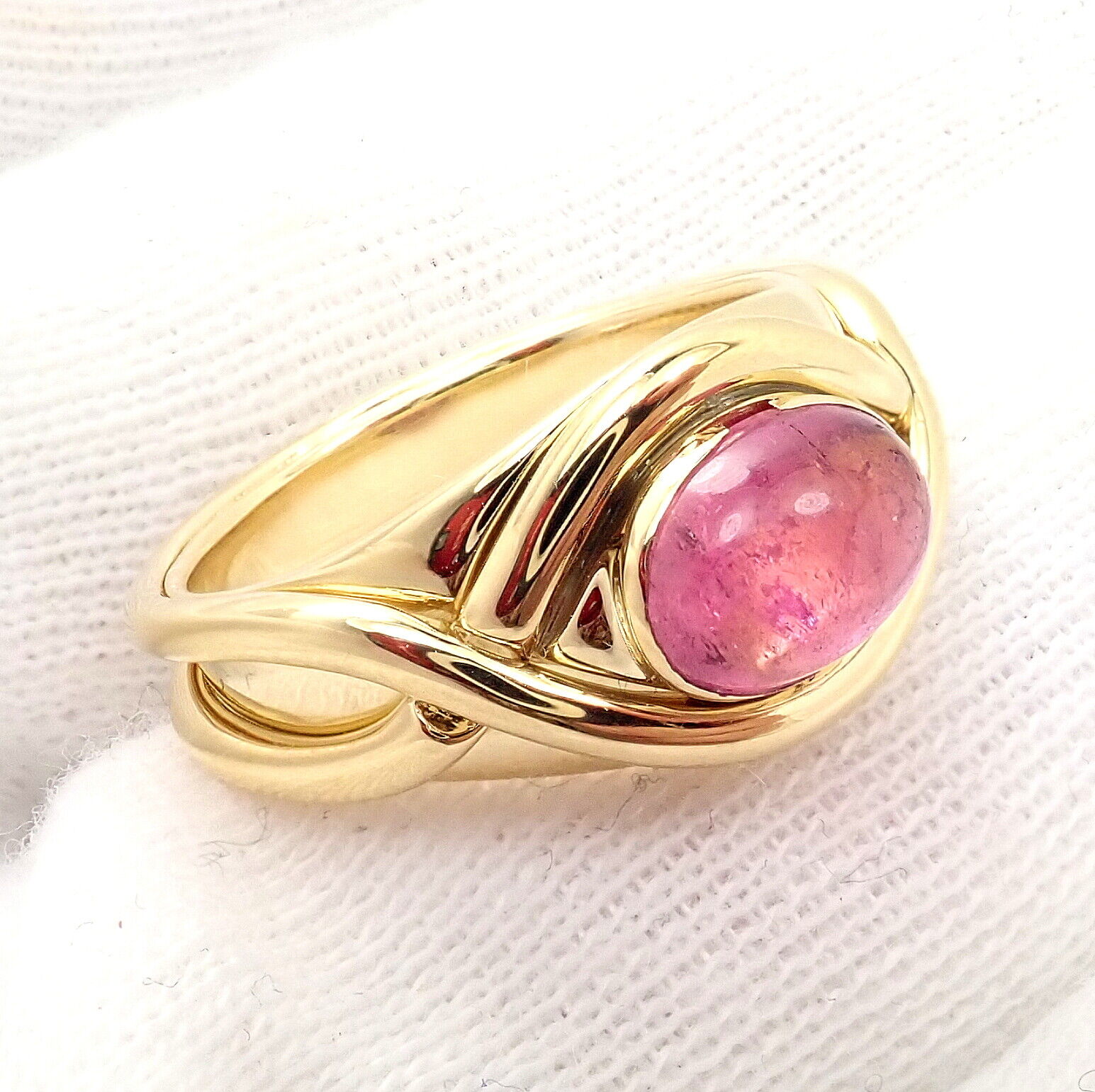 Authentic Tiffany & Co 18K Yellow Gold Pink Tourmaline Cabochon Band Ring - Rare Vintage Jewelry for Women, Perfect Gift for Anniversary, Engagement & Special Occasions
