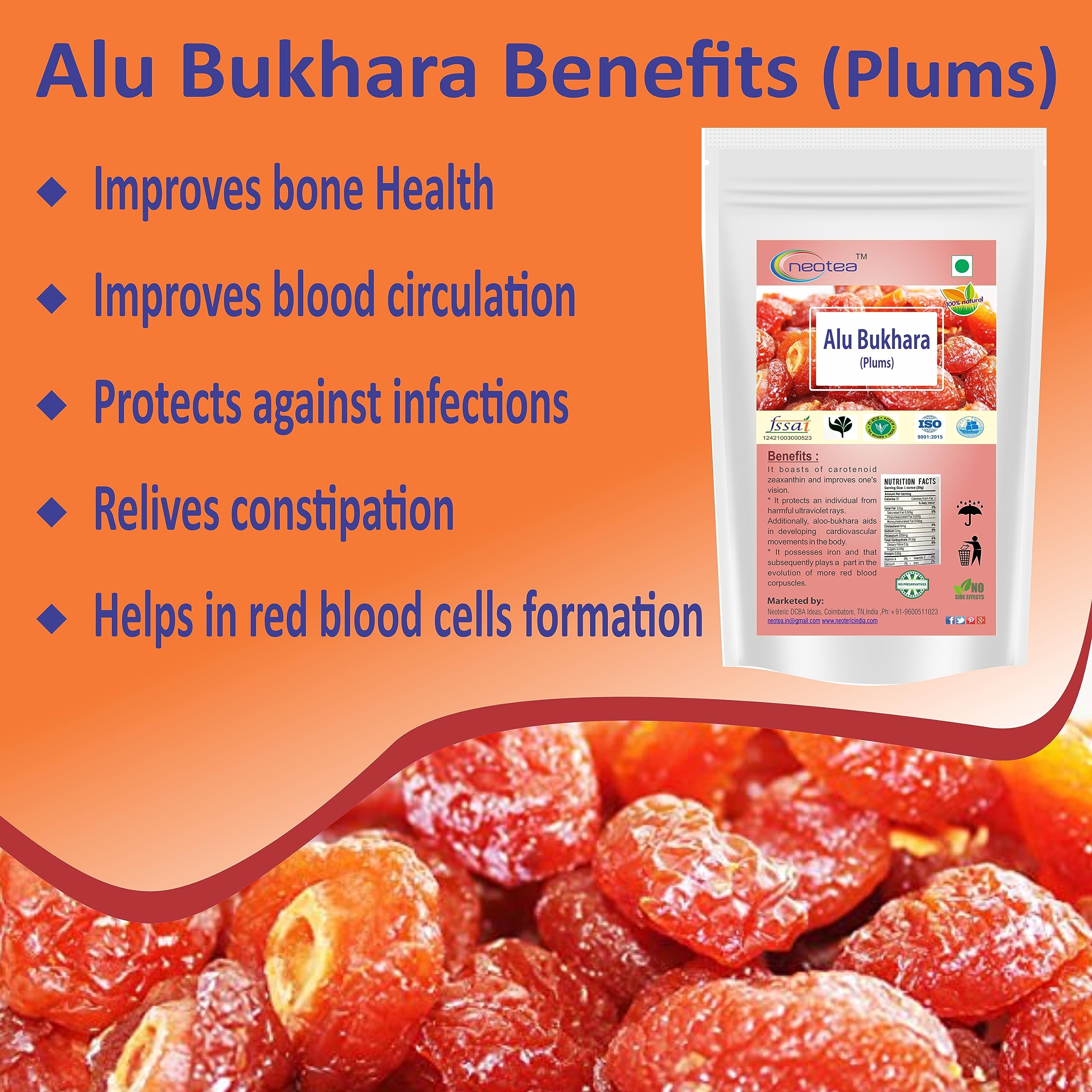 Premium Neotea Dried Alu Bukhara Plums - 250g | Natural Sweet & Tangy Dried Fruit Snack | Perfect for Baking, Trail Mix & Healthy On-the-Go Snacking