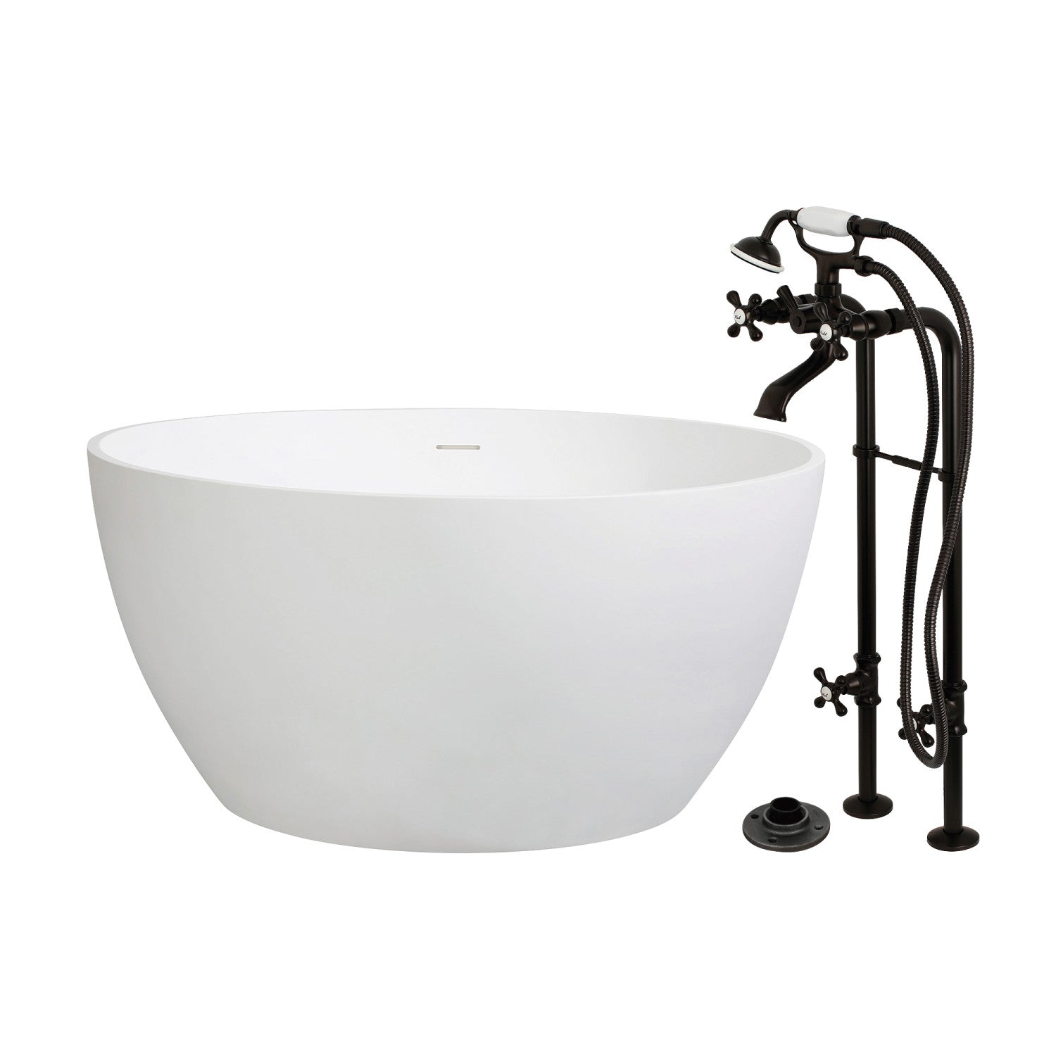 Arcticstone 45 Inch Freestanding Bathtub - Solid Surface Round Double Ended Soaking Tub with Oil Rubbed Bronze Faucet Combo & Drain | Modern Bathroom Luxury for Spa-Like Relaxation at Home