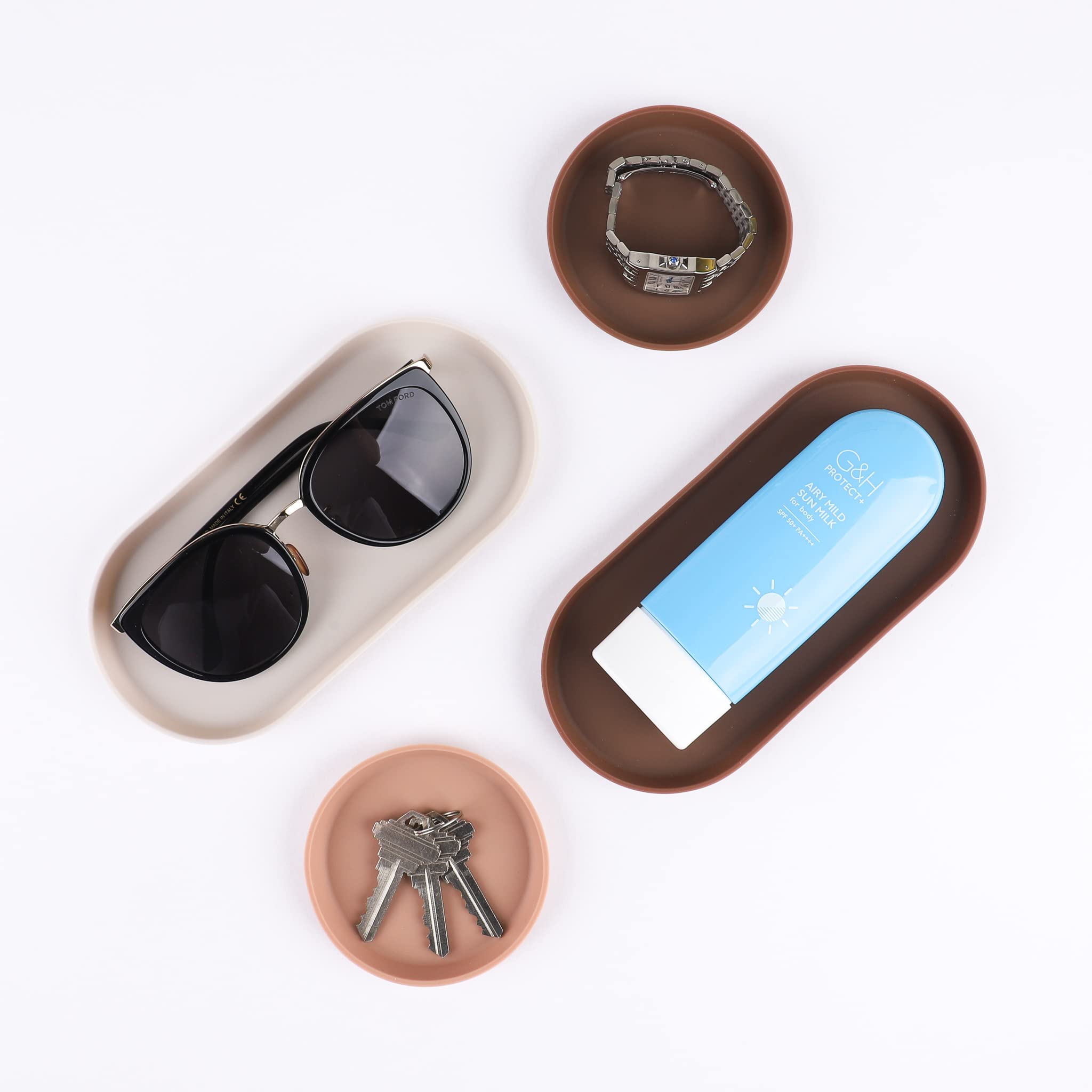 Blue Ginkgo Mini Silicone Trays - Set of 6 Non-Slip Organizers for Bathroom Counter, Kitchen Drawer, Desk & Vanity | Perfect for Cosmetics, Jewelry & Office Supplies | Easy-Clean, Space-Saving Storage Solution (Brown, Tan, Ivory)
