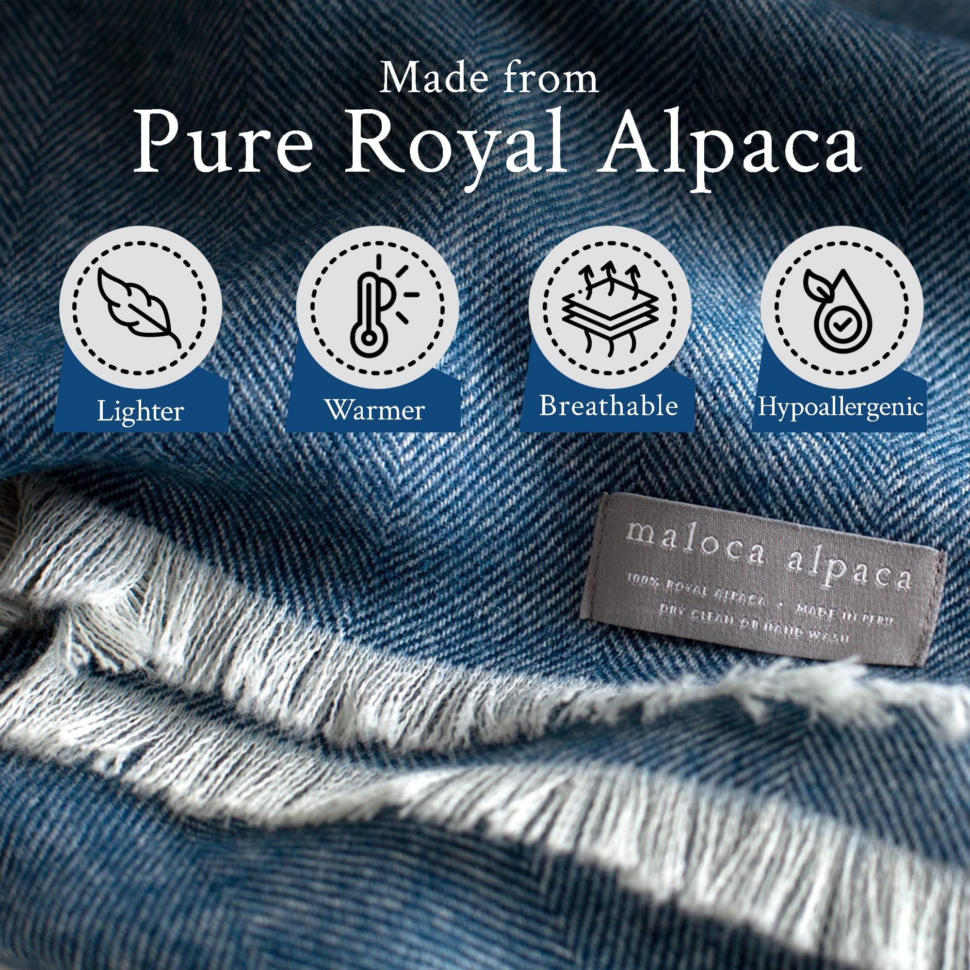 Ultra Soft Lightweight Throw Blanket - 100% Baby Alpaca Wool Herringbone Weave - Ethically Sourced & Hypoallergenic - Warmer Than Cashmere - Limited Edition Indigo Blue - Perfect for Cozy Nights, Sofa Lounging & Gift Giving