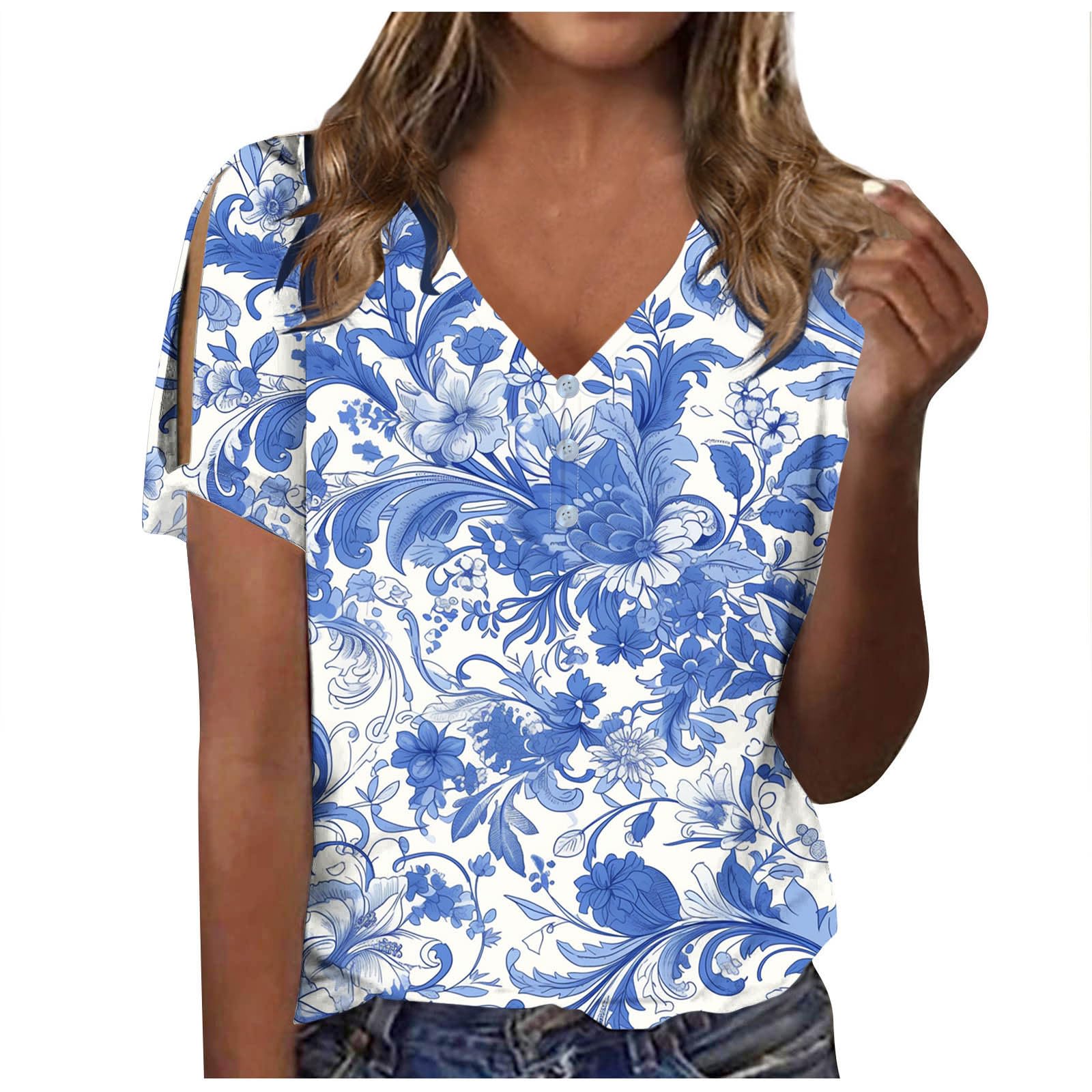 2024 Plus Size Women's Summer Floral V-Neck Tunic Tops - Sexy Cold Shoulder Blouses for Vacation & Beach Wear | Trendy Ladies Fashion Tops for Casual Outings & Date Nights