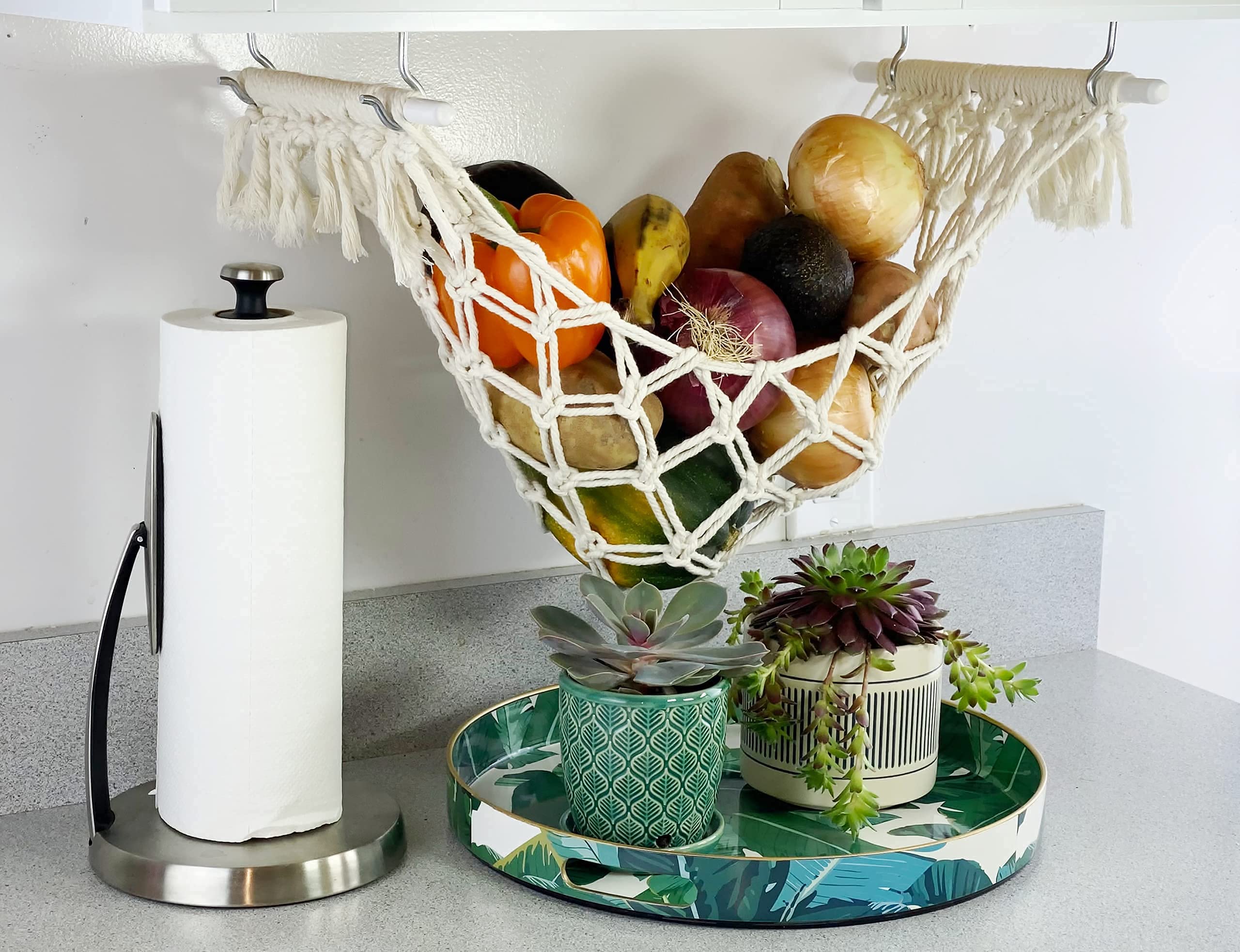 Eco-Friendly White Cotton Under Cabinet Macrame Fruit & Vegetable Hammock - Handmade Boho Design with Fringe - Deep Pocket Hanging Storage Organizer - Perfect for Kitchen, RV, Camper, Boat & Small Space Organization
