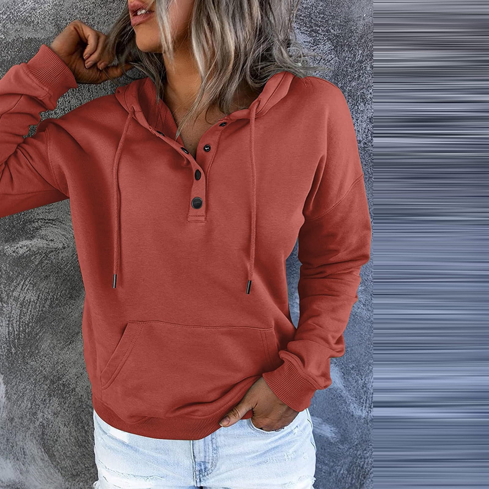 Women's Essential Hoodie USA - Button-Up Collar V-Neck Drawstring Sweatshirt, Pullover Casual Long Sleeve Top for Everyday Comfort and Style