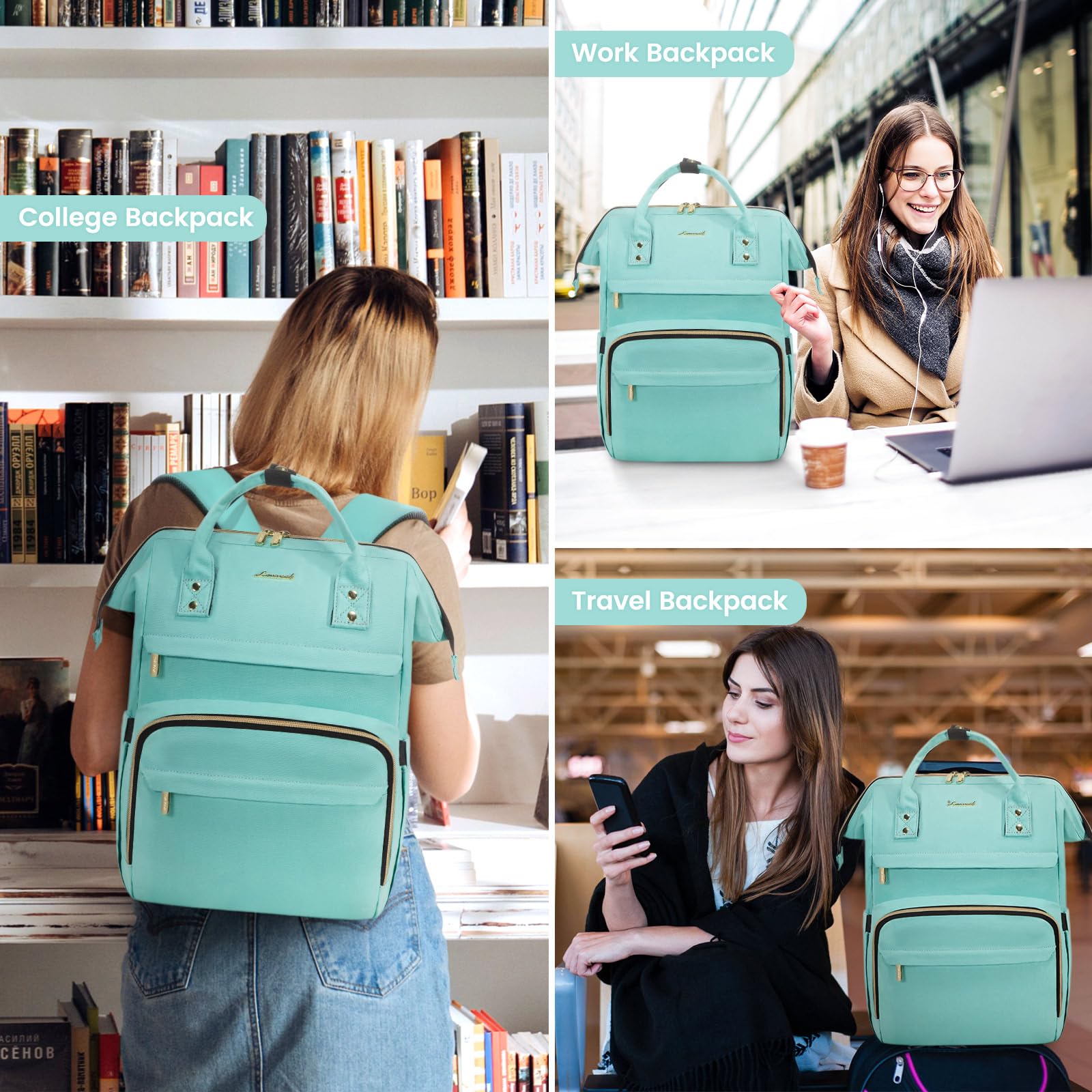 LOVEVOOK 15.6 Inch Waterproof Anti-Theft Laptop Backpack for Women - College, Work & Travel - Perfect for Students, Teachers & Nurses - Durable Green Backpack for Daily Commute & Business Trips