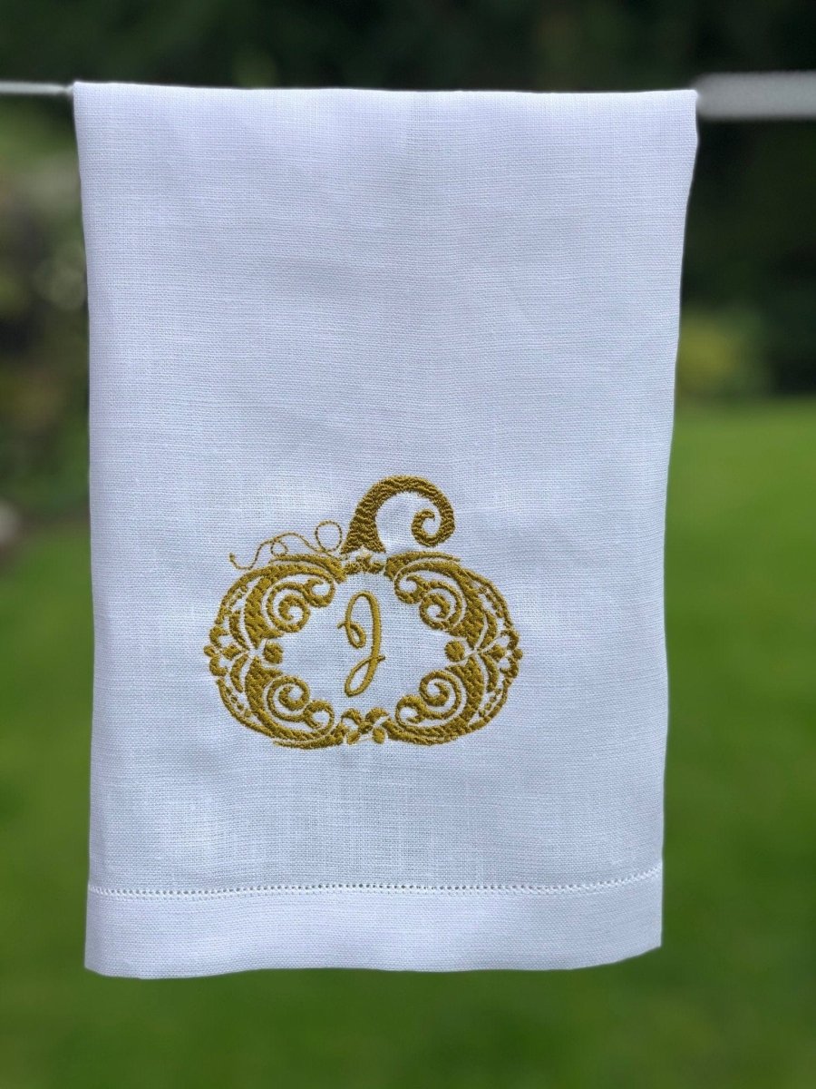 Personalized Monogram White Linen Pumpkin Towel - Perfect for Fall Decor, Thanksgiving Table Setting & Autumn Home Accents