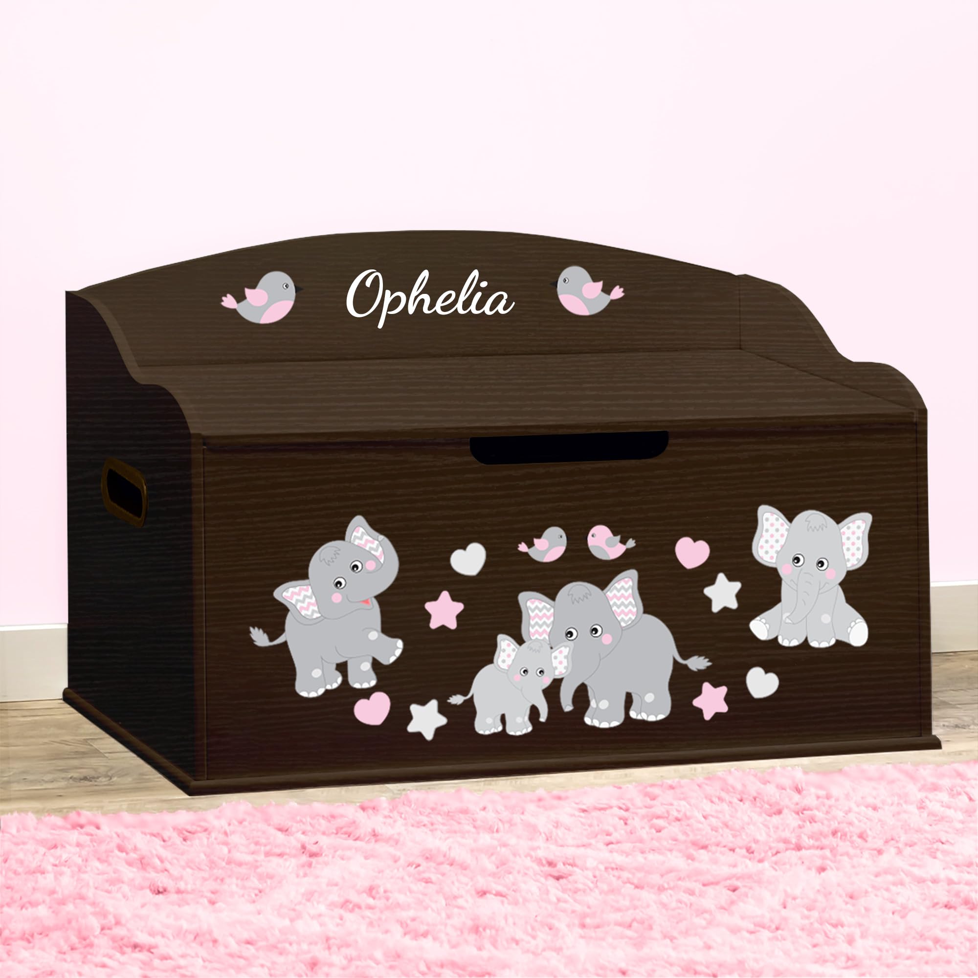 DIBSIES Personalized Creative Wonders Toy Box - Pink Elephants & Espresso Finish | Custom Kids' Storage Organizer for Playroom, Nursery & Bedroom Decor