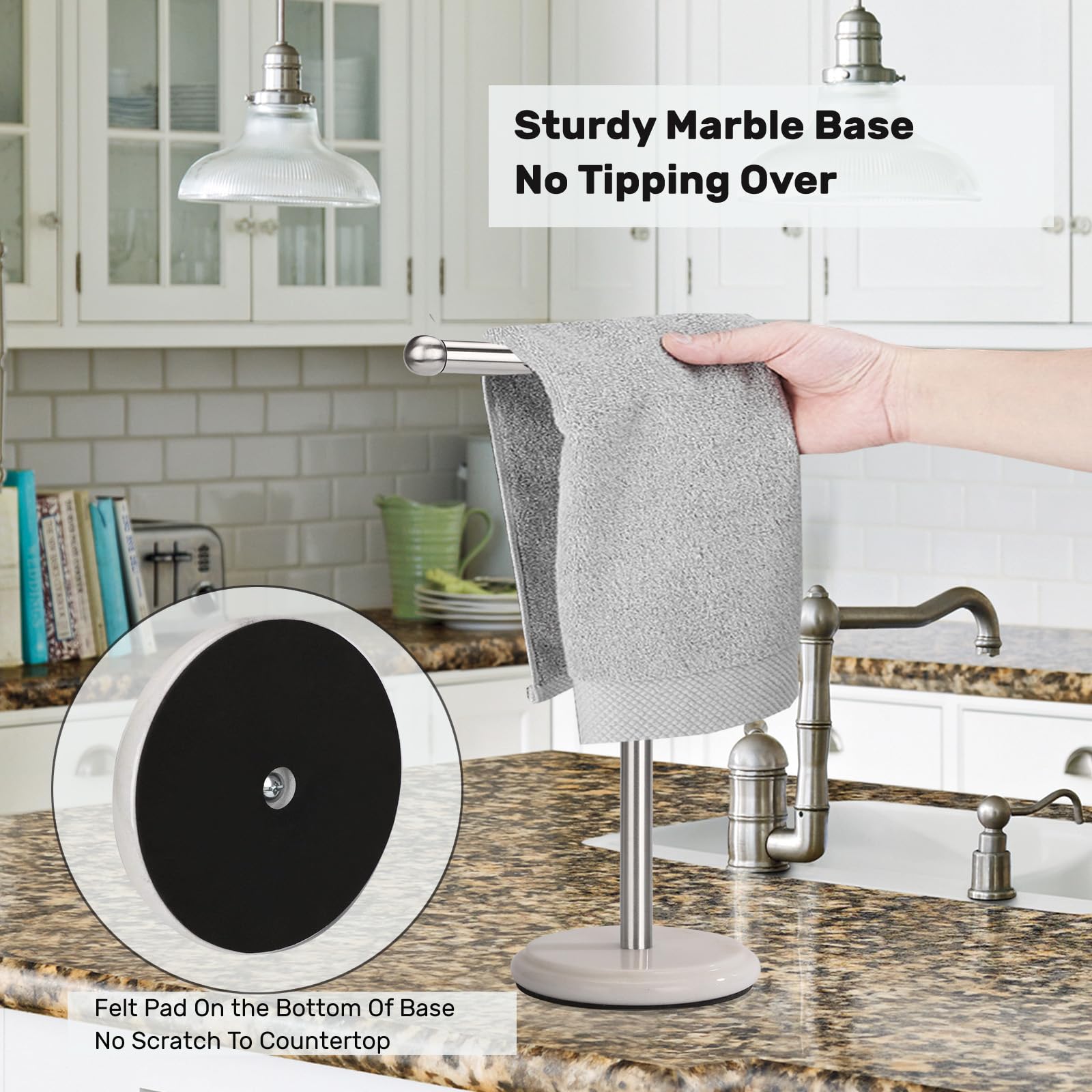 Heavy Marble Base Hand Towel Holder Stand - Brushed Nickel Bathroom Towel Rack for Countertop - Perfect for Kitchen, Bathroom, and Guest Room Decor