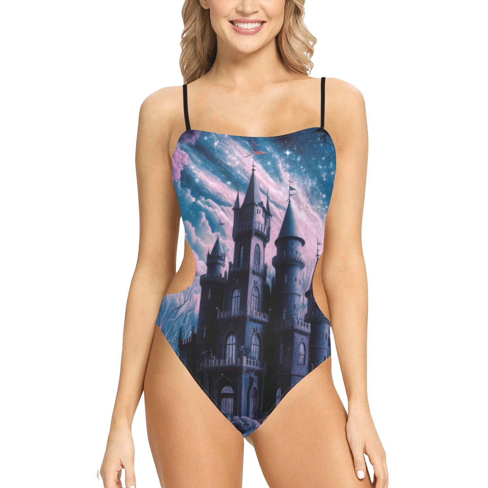 Gothic Purple Castle Spaghetti Strap Cut Out Sides Swimsuit - Sexy One Piece Bathing Suit for Women, Beach Vacation & Pool Party