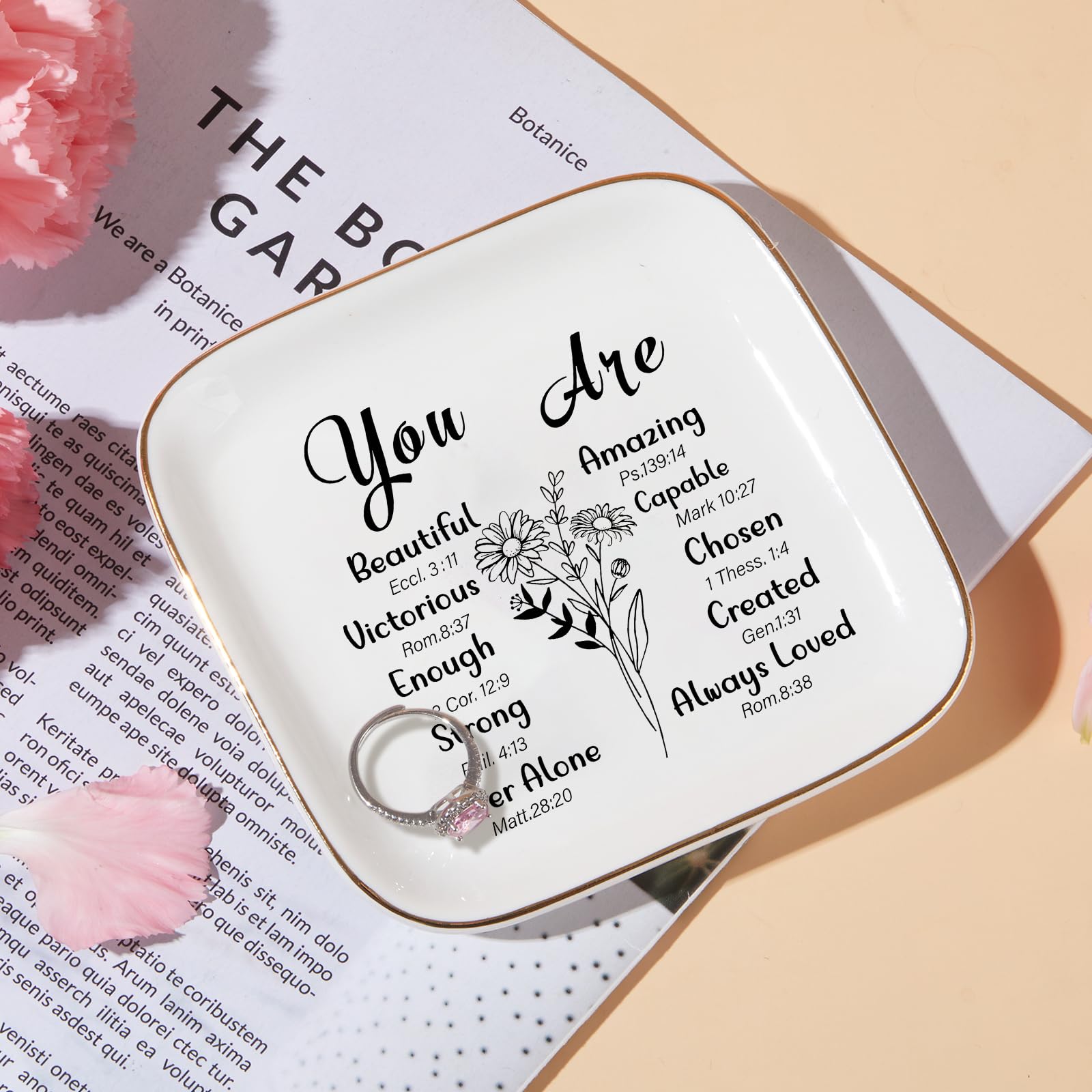 PUDDING CABIN Christian Jewelry Dish for Women - Inspirational Bible Verse Gifts, Catholic Religious Gifts, Spiritual Birthday & Mother's Day Presents, White - Perfect for Home Decor & Daily Devotion