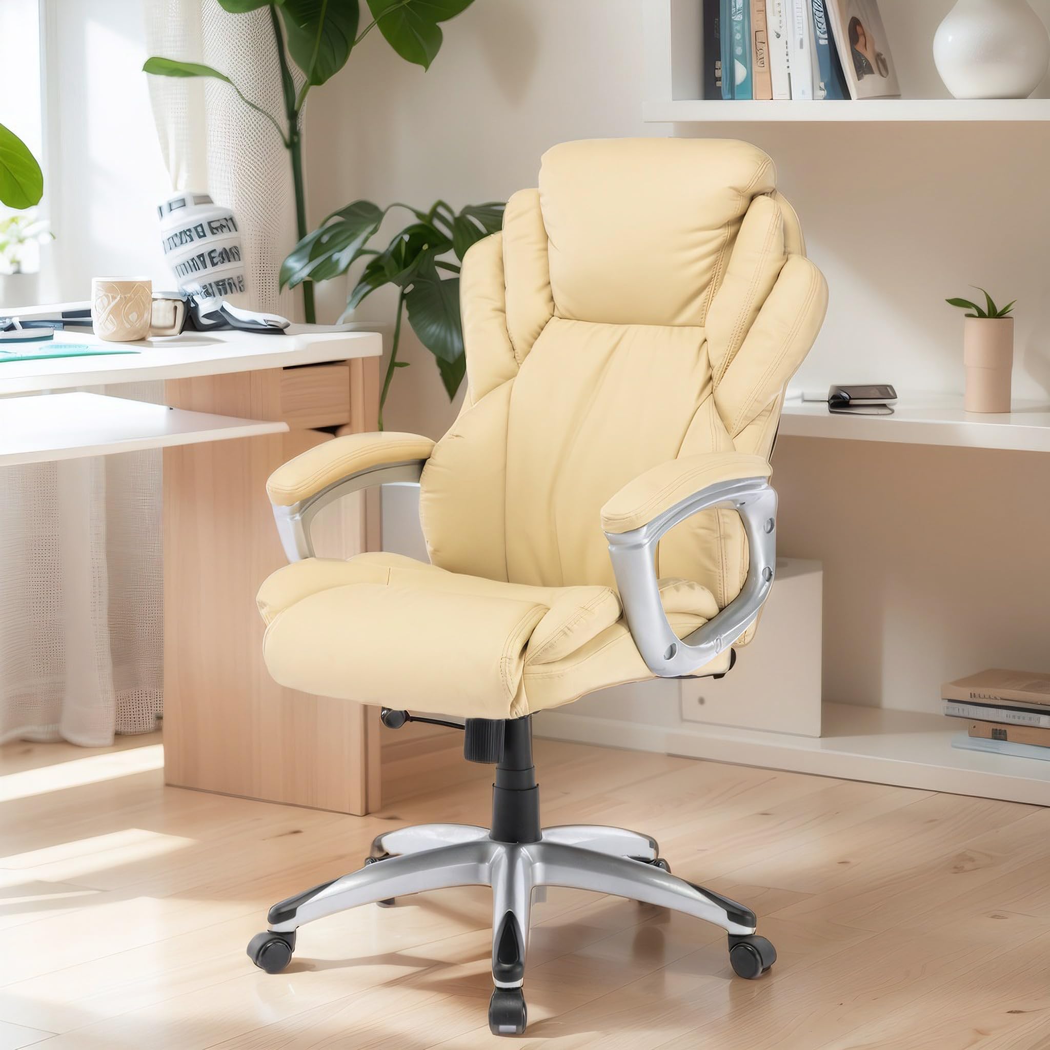 250lb High Back Ergonomic Office Chair - PU Leather Executive Swivel Computer Desk Chair with Thick Padding for Home & Office Work, Beige | Perfect for Long Hours of Comfortable Sitting & Productivity