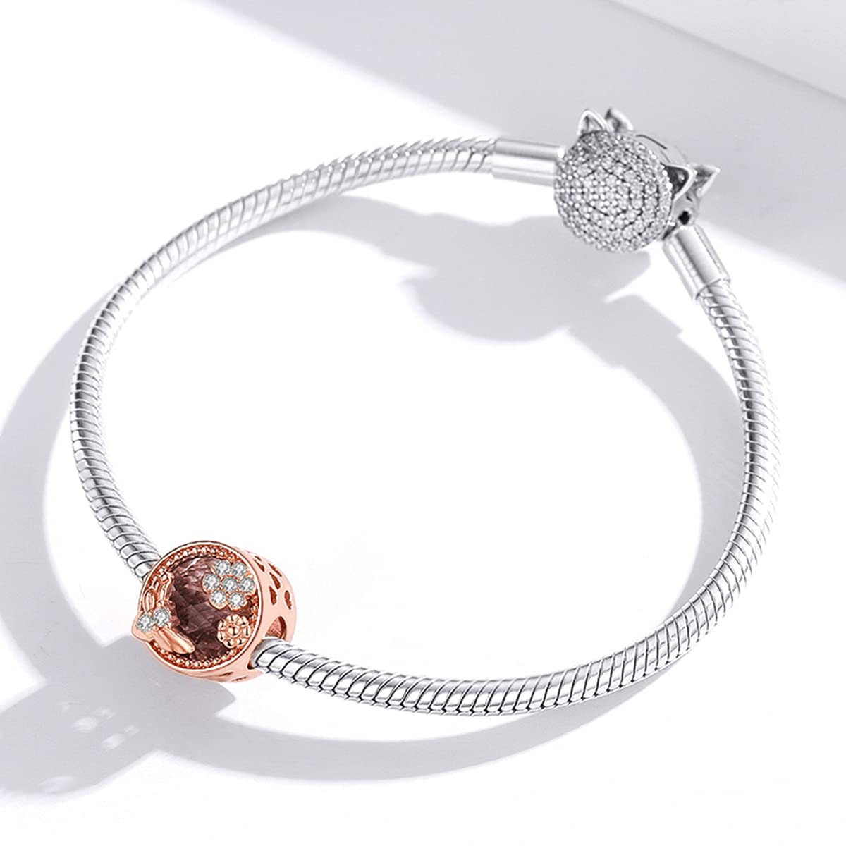 925 Sterling Silver Autumn Rose Pink Crystal & CZ Heart Charm Beads with Birthstone - Compatible with Pandora Bracelets - Perfect for Gifts, Birthdays & Jewelry Making