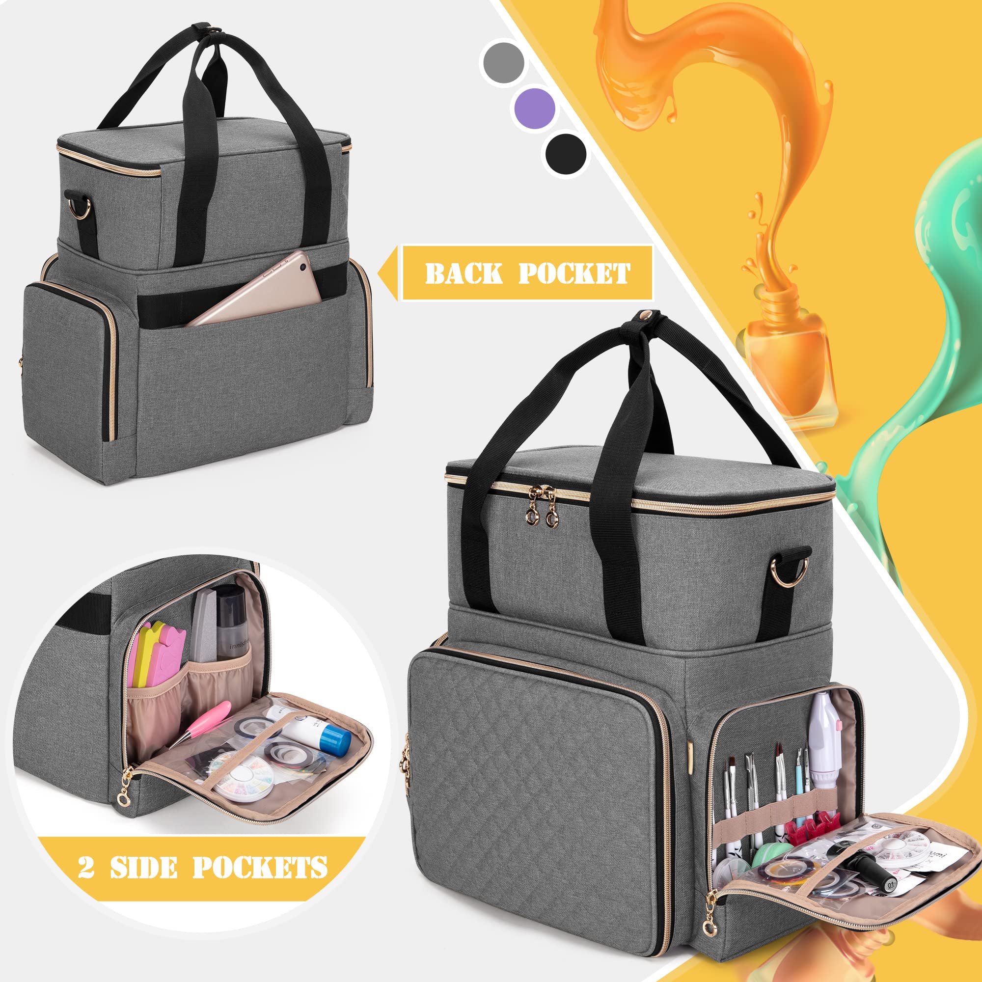 Luxja Nail Polish Organizer - Holds 70 Bottles with Built-in LED Light, 2 Removable Storage Bags & Tool Pockets (Patent Pending), Grey - Perfect for Salon Professionals & Home Manicure Stations