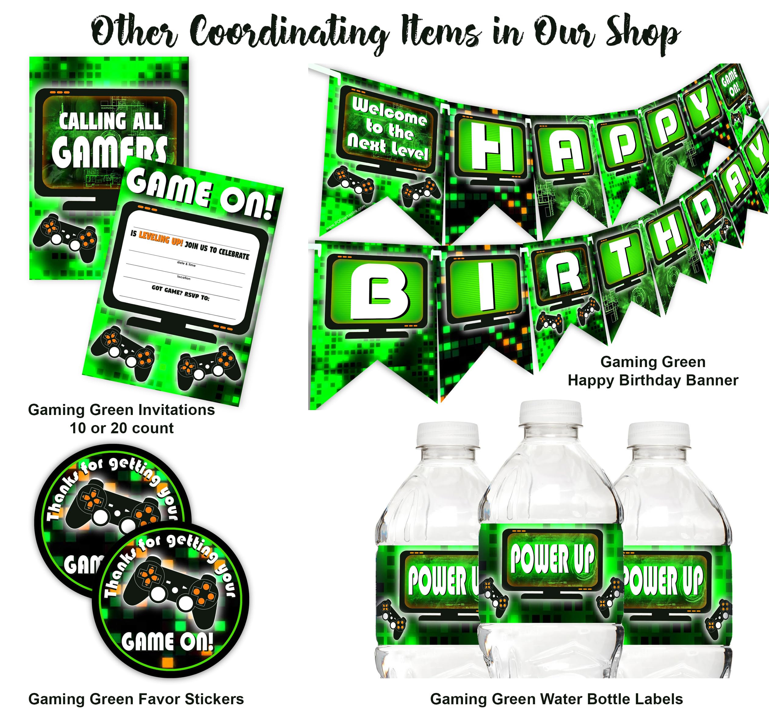 POP Parties Ink Gaming Green Waterproof Bottle Labels - 20 Labels, 2