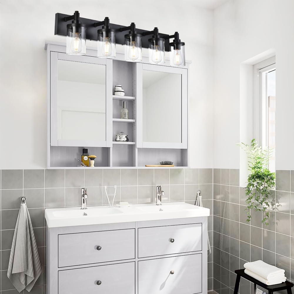 Modern Black 5-Light Bathroom Vanity Lighting Fixture with Clear Glass Shade - E26 Wall Mount Mirror Light for Bathroom, Hallway, Kitchen & Living Room - Perfect for Makeup, Grooming & Ambient Lighting