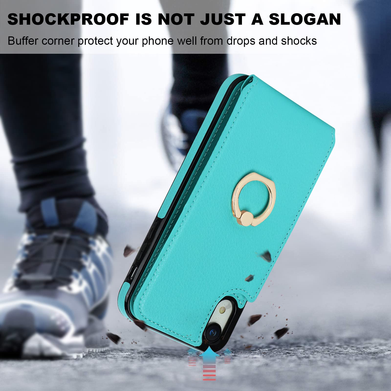 Folosu iPhone XR Wallet Case with Card Holder & 360° Rotating Finger Ring Stand - RFID Blocking PU Leather Flip Cover with Kickstand & Double Button Closure (6.1 Inch, Mint Green) - Perfect for Work, Travel & Everyday Protection