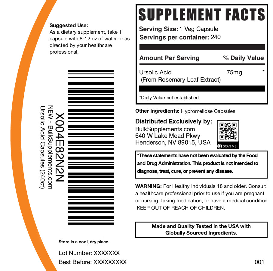 Ursolic Acid 500mg Capsules - Rosemary Leaf Extract Supplement for Muscle Growth & Weight Loss - Supports Metabolism & Energy - Perfect for Fitness Enthusiasts & Bodybuilders
