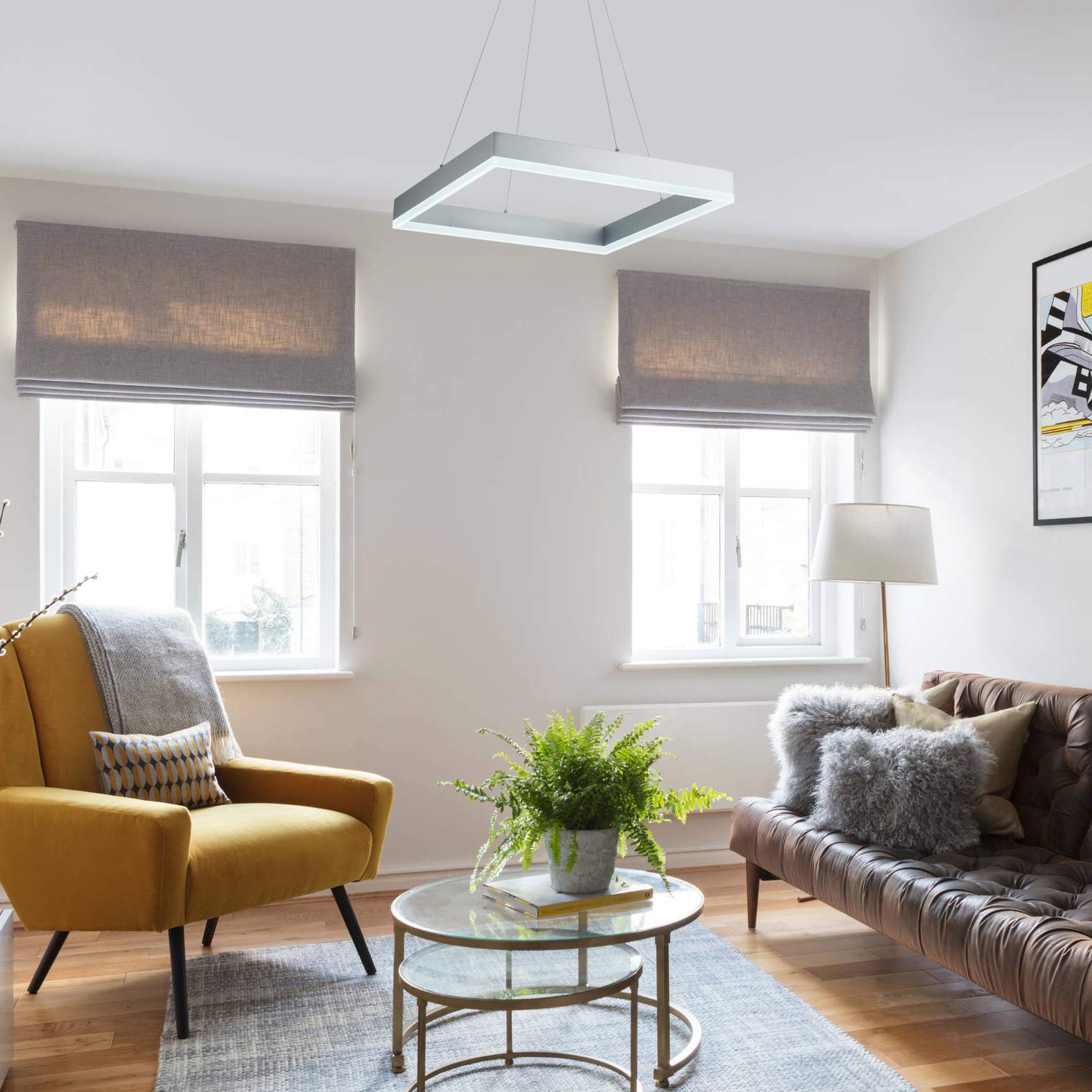 Modern Square LED Chandelier - Dimmable Contemporary Pendant Light for Dining Room, Kitchen, Office & Foyer - Cool White 6000K Silver Finish - Perfect for Home Decor, Modern Interior Lighting & Stylish Room Ambiance