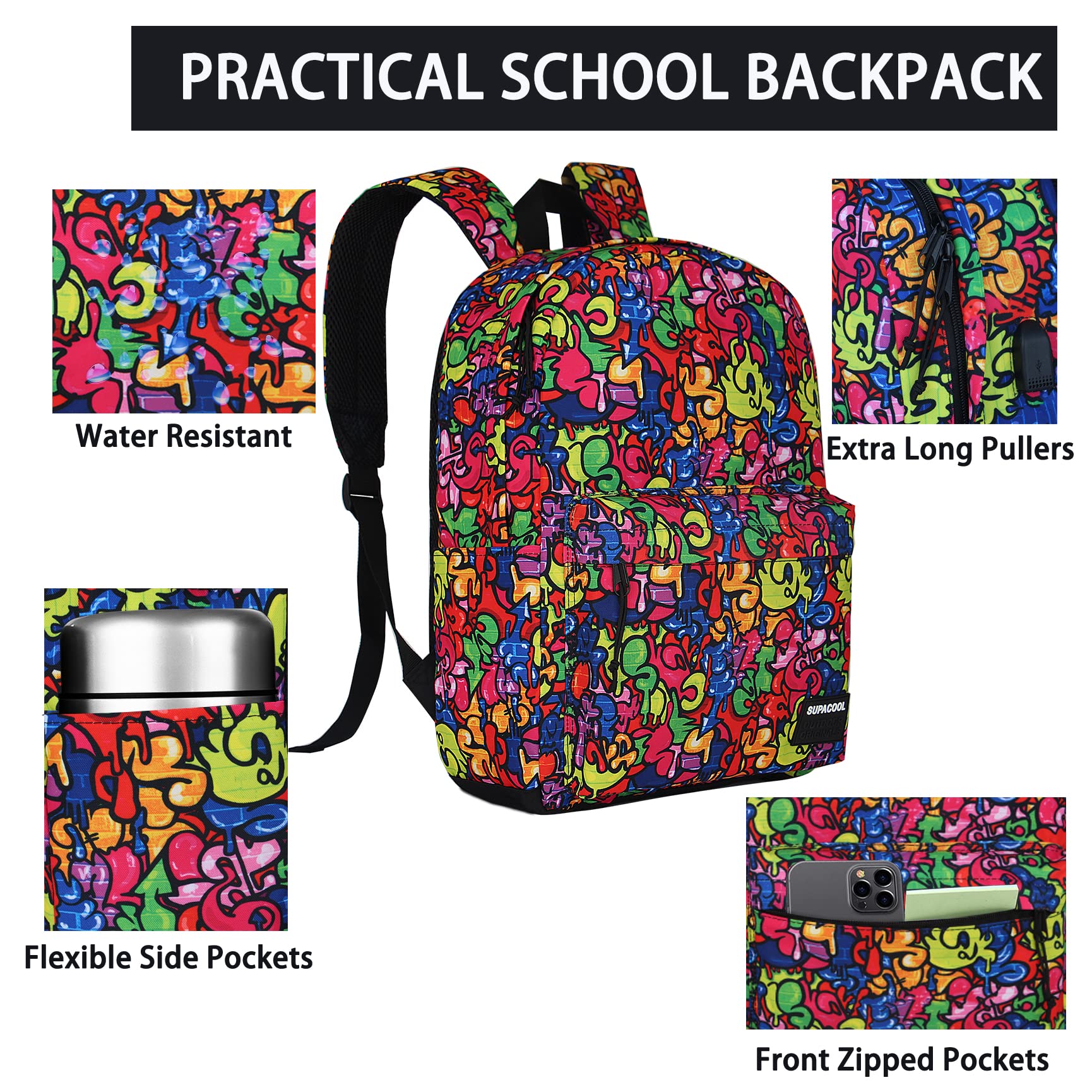 SUPACOOL USB Charging Laptop Backpack - Lightweight College Bag for Men & Women, Graffiti Design - Perfect for Work & Travel