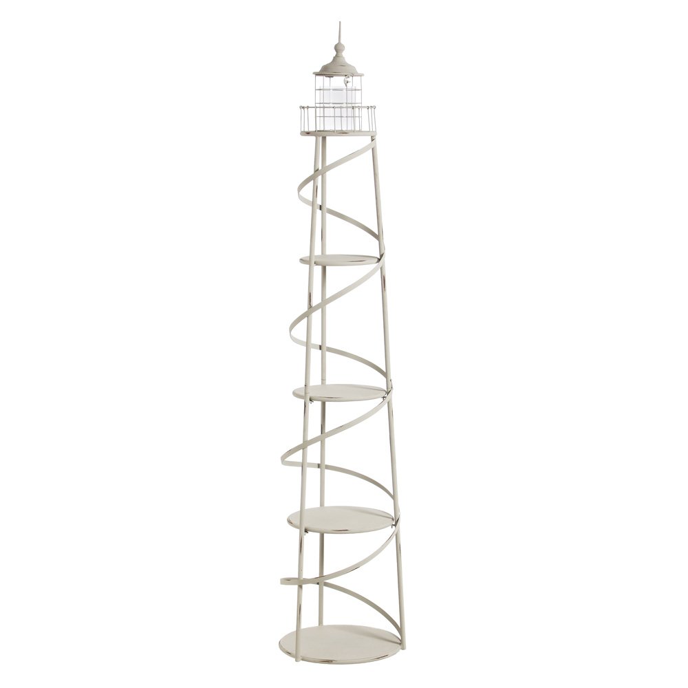 Vintage White Distressed 5-Tier Lighthouse Metal Display Shelf with Glass Cylinder for Candles - Rustic Home Decor, Coastal Living Room, Beach House, Farmhouse Style