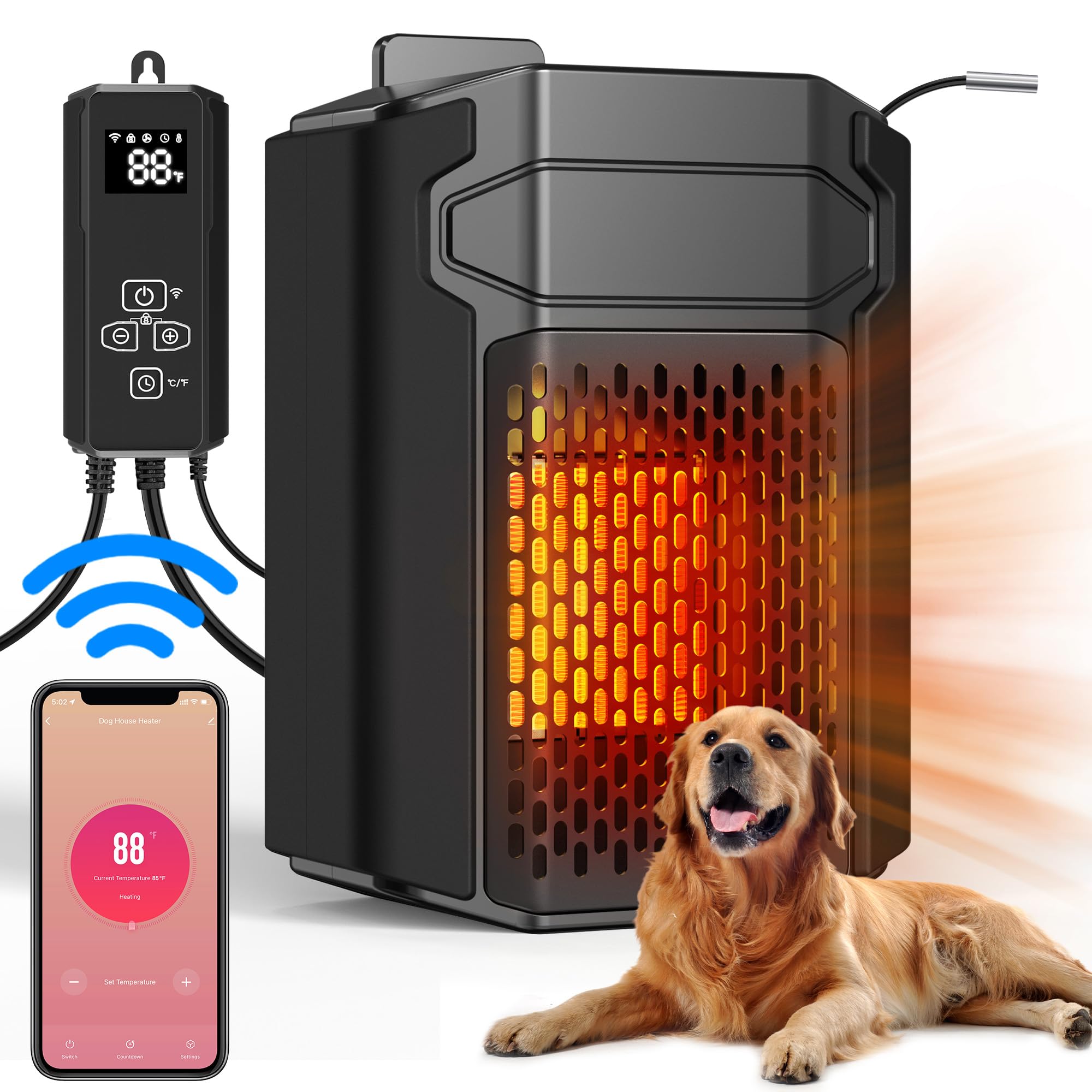 500W WiFi Dog House Heater with Thermostat & APP Control - Outdoor Pet Heater with 6.5FT Temperature Probe, Adjustable Temperature & Timer - Perfect for Winter Kennels, Garages, and Outdoor Dog Houses