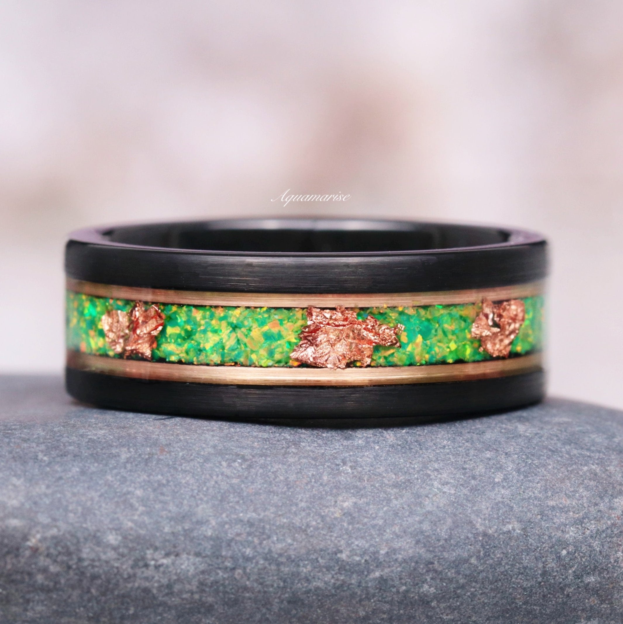 8MM Rose Gold Tungsten Green Fire Opal & Leaf Wedding Band for Men & Women - Perfect for Engagement, Anniversary, and Special Occasions