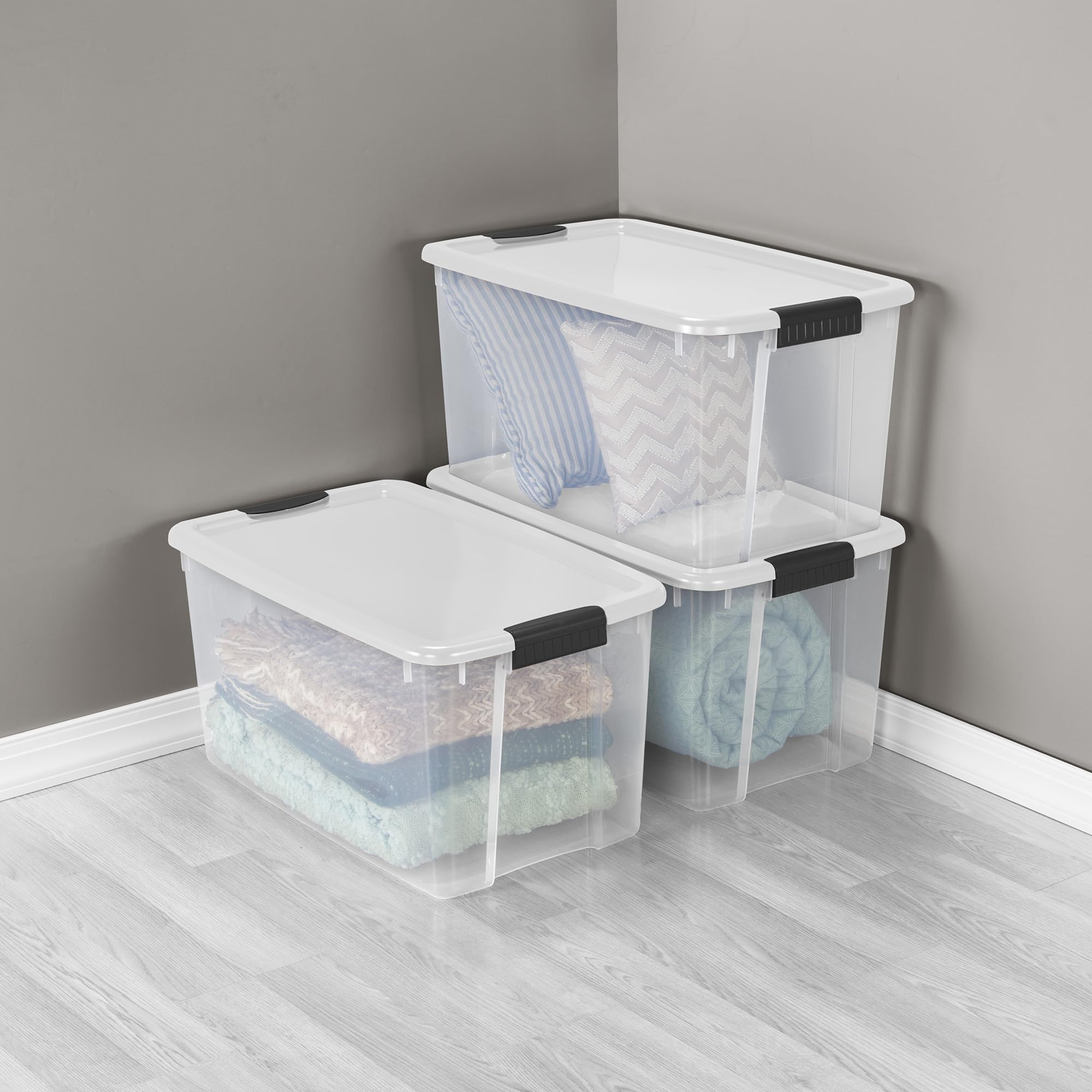 Sterilite 12-Pack 70 Quart Clear Plastic Storage Bins with Secure Latching Lids - Large Organizing Containers for Home, Office, Garage & Closet Storage Solutions