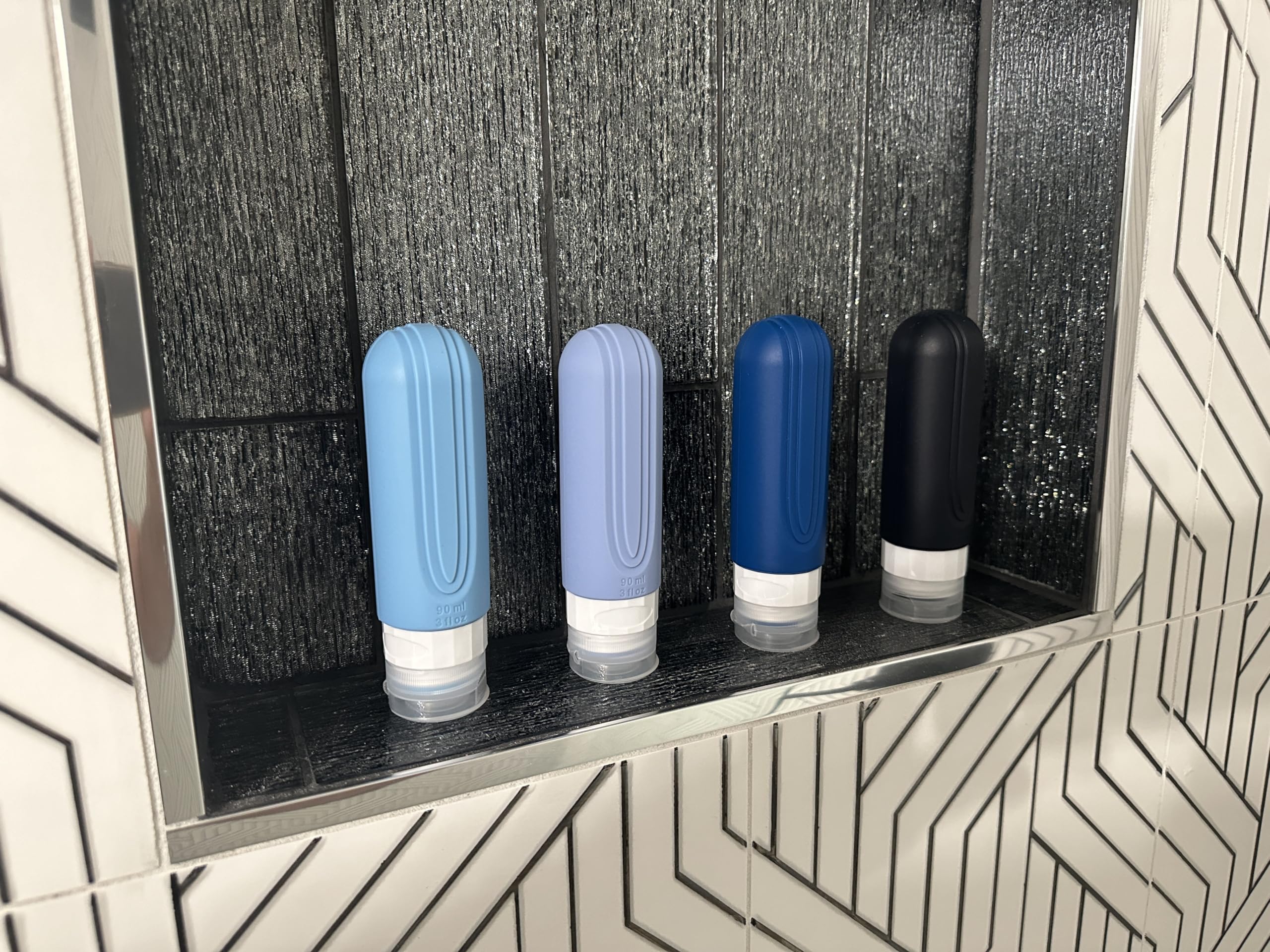 TSA Approved Travel Size Toiletries Containers - 4 Pack Leak Proof Silicone Shampoo Bottles (3 oz) for Refillable & Squeezable Liquid Storage | Perfect for Airplane Carry-On, Gym Bag, and Vacation Essentials