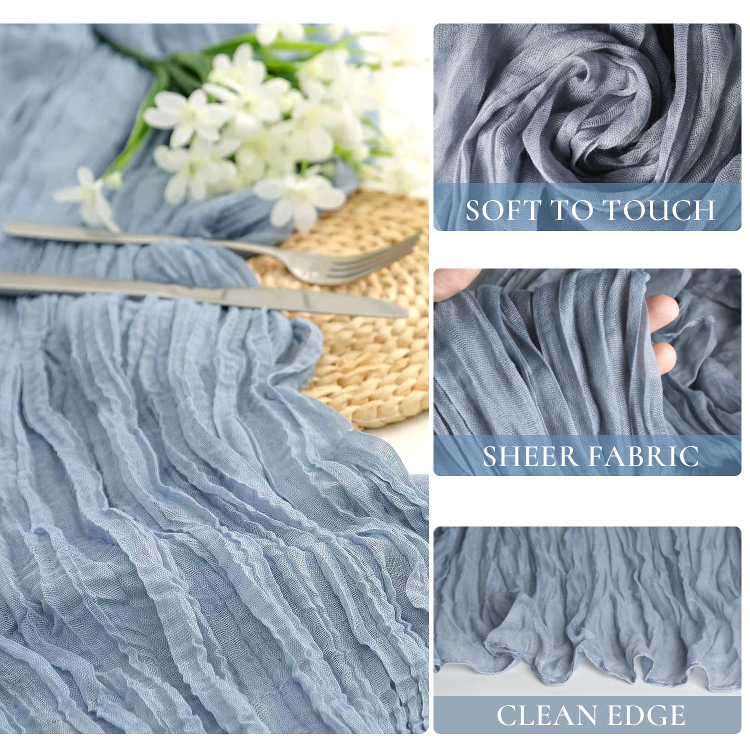 10 Pack Dusty Blue Cheesecloth Table Runners - 10ft Boho Gauze Fabric for Wedding Arch Draping, Bridal Baby Shower, Birthday Party & Cake Table Decor - Rustic Semi-Sheer Tablecloth for Boho, Farmhouse & Rustic Weddings