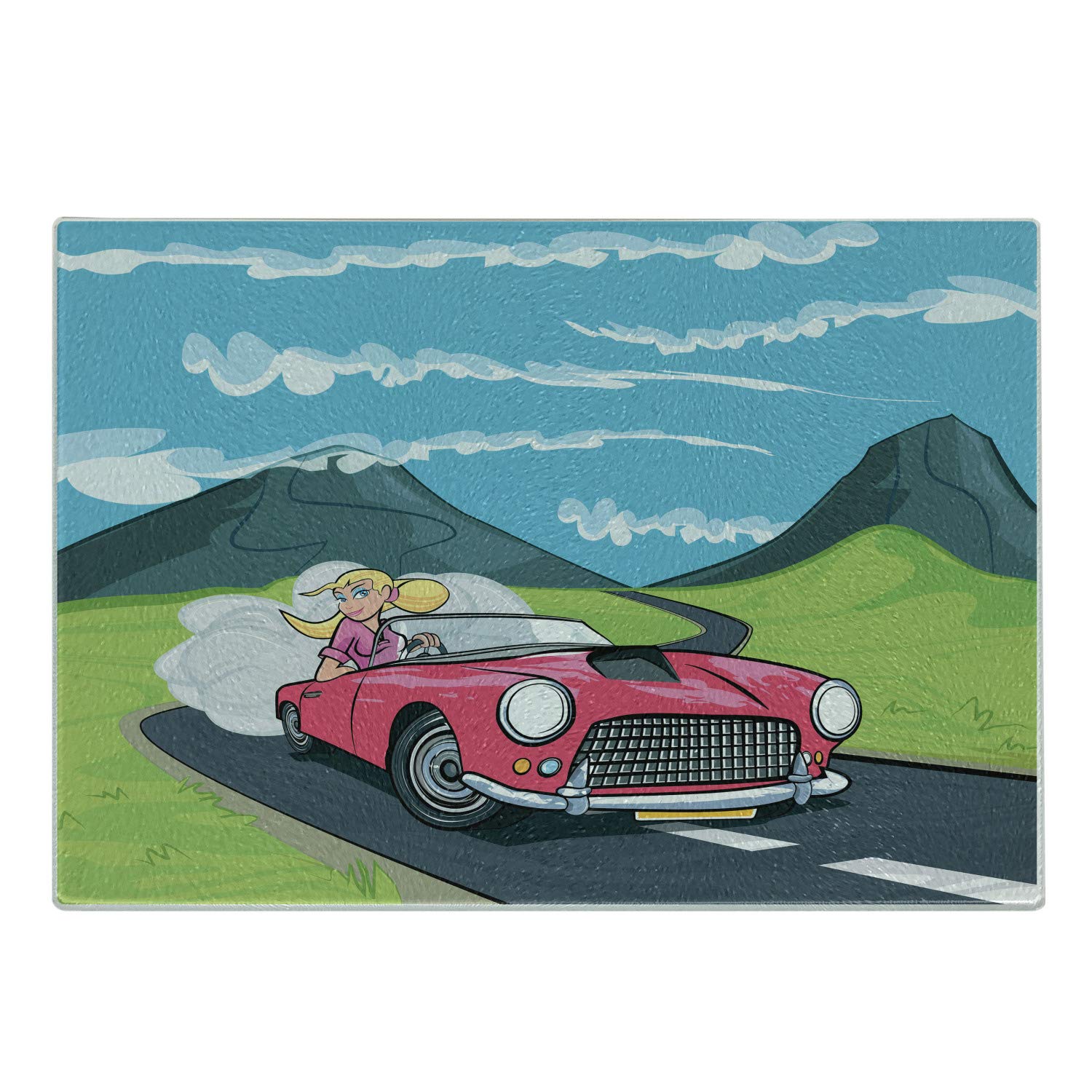 Ambesonne Cars Themed Tempered Glass Cutting Board - Modern Cartoon Style Sports Auto & Road Trip Design - Small Multicolor Decorative Serving Board for Kitchen, Dining, and Gift Giving