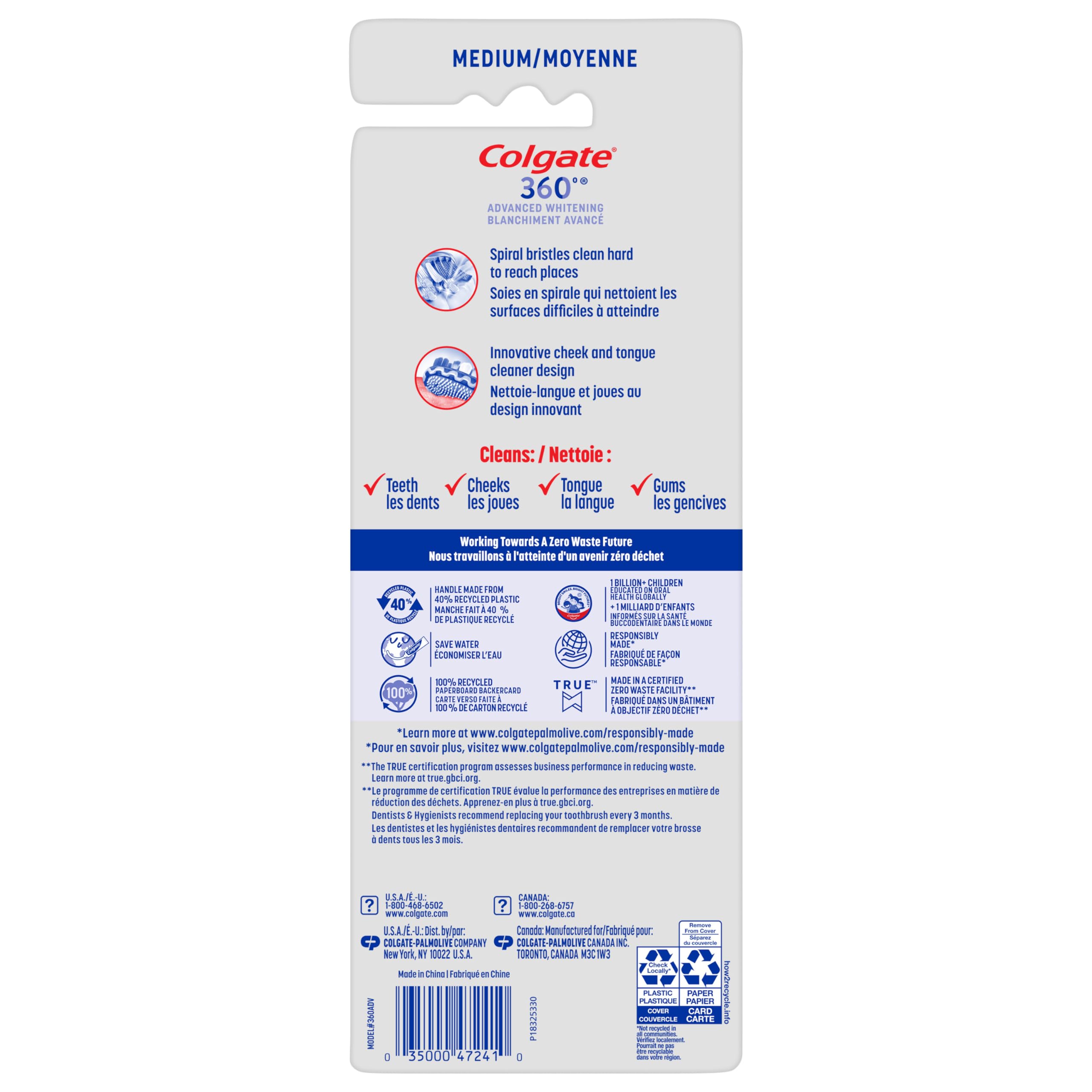 Colgate 360 Advanced Optic White Whitening Toothbrush with Tongue Cleaner - Soft Bristles, 4 Pack - for Sensitive Teeth & Fresh Breath - Perfect for Home, Travel & Daily Oral Care
