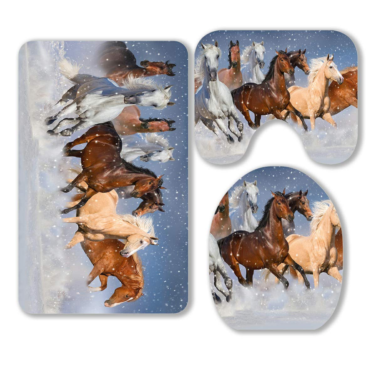 Premium 3-Piece Horse Herd Snow Field Bathroom Rug Set - Non-Slip Contour Mat & Toilet Lid Cover - Soft Winter Bath Mats for Cozy Home Decor, Farmhouse Style Bathroom Accessories (Perfect for Guest Bathrooms & Cabin Retreats)