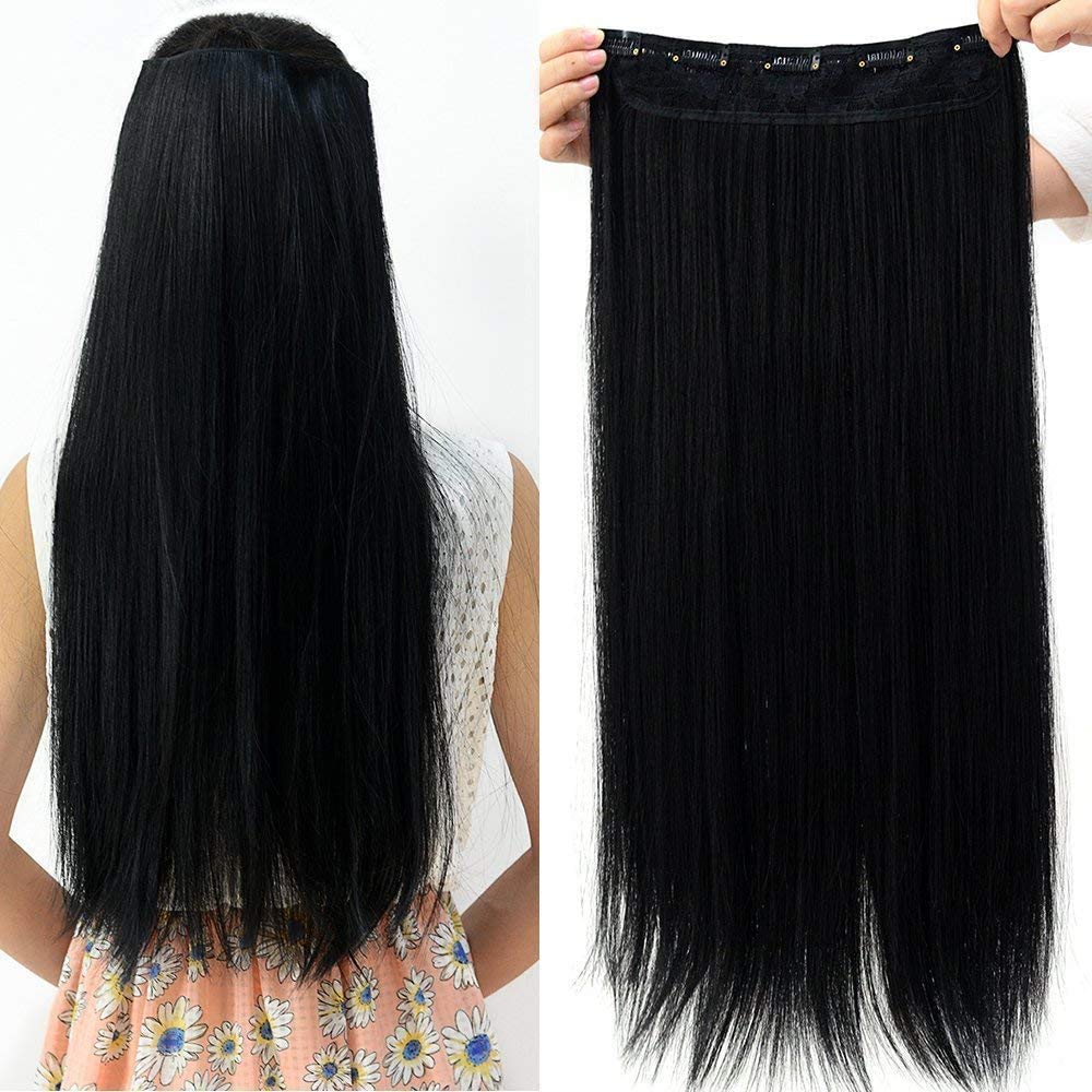 VAHICHA 24 Inch 5 Clip-in Hair Extensions for Women - Black Human Hair Weft for Length & Volume - Perfect for Parties, Weddings & Daily Styling