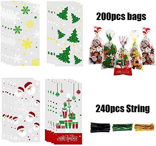 LOKIPA 200 Pcs Clear Christmas Cellophane Treat Bags with Twist Ties - Holiday Candy & Goodie Bags for Xmas Party Favors, Gift Wrapping & Cookie Exchange