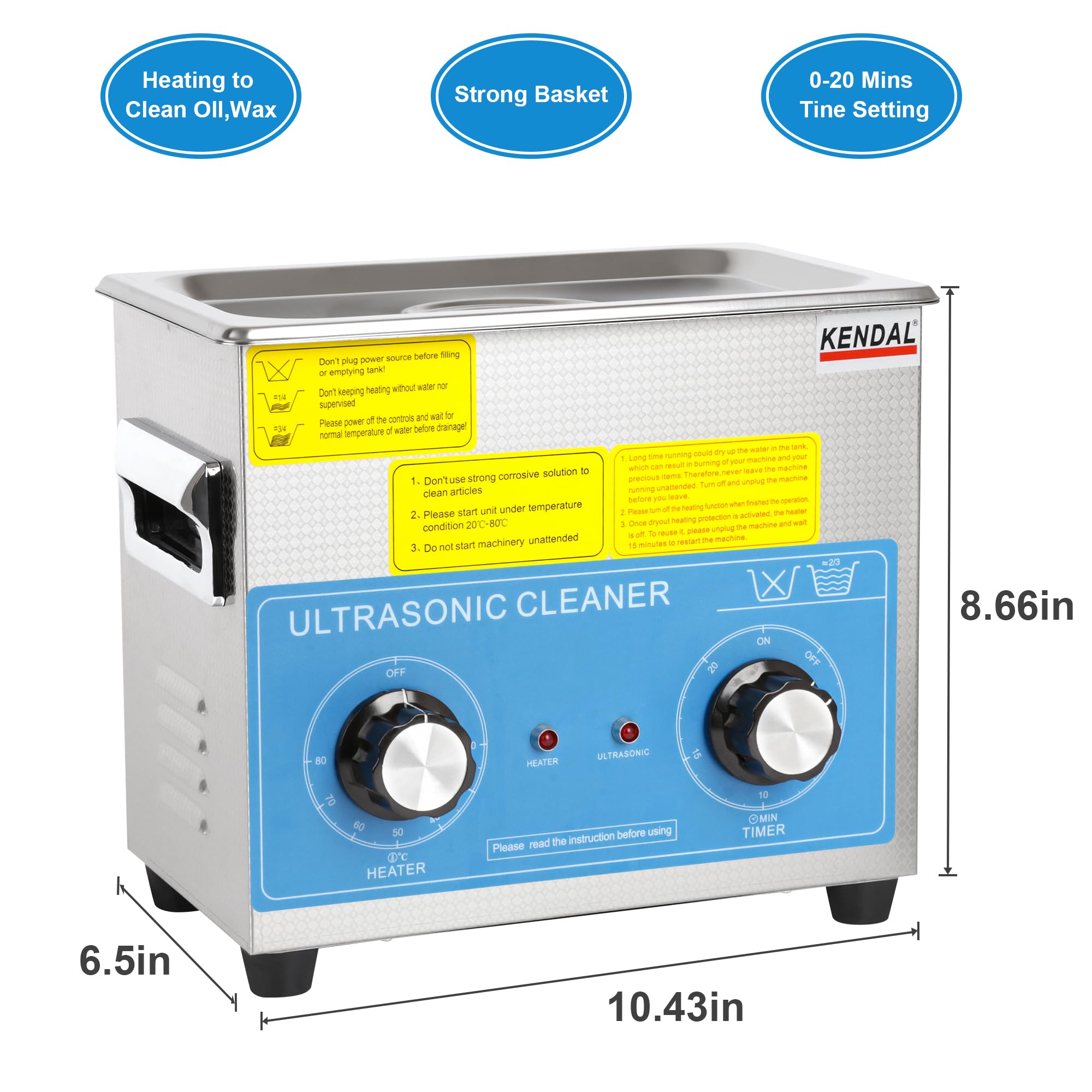Kendal Commercial Grade 220W 3L Ultrasonic Cleaner HB-23MHT - Professional Jewelry, Dental Tools & Eyeglass Cleaning for Home & Business Use