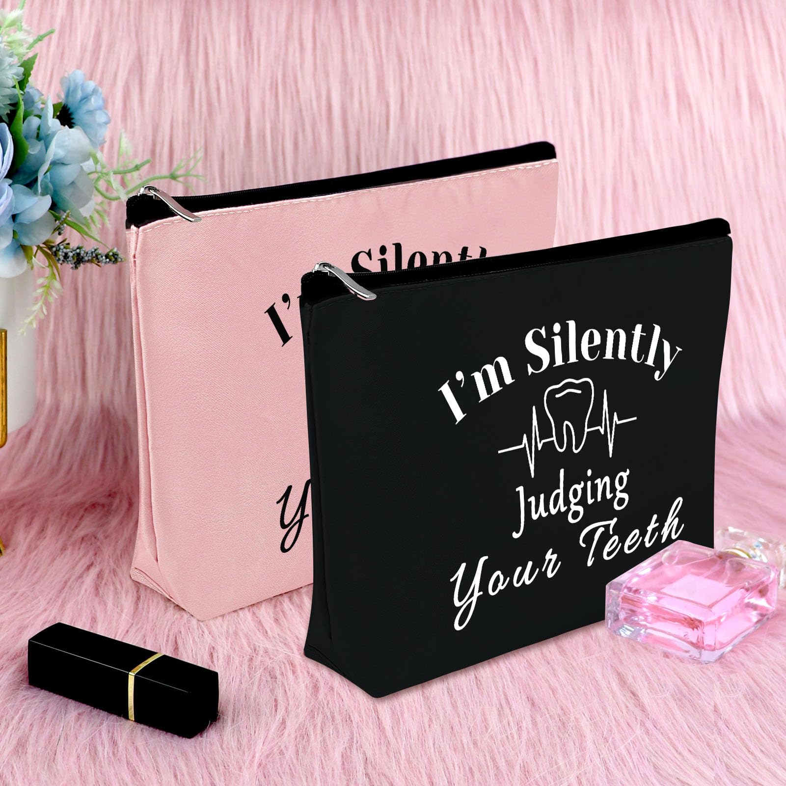 2Pcs Funny Dentist Gifts Makeup Bags - Dental Hygienist Appreciation Presents for Women, Travel Cosmetic Pouch for Dental Assistants (Black&Pink) - Perfect for Christmas, Birthday & Travel Essentials Organization
