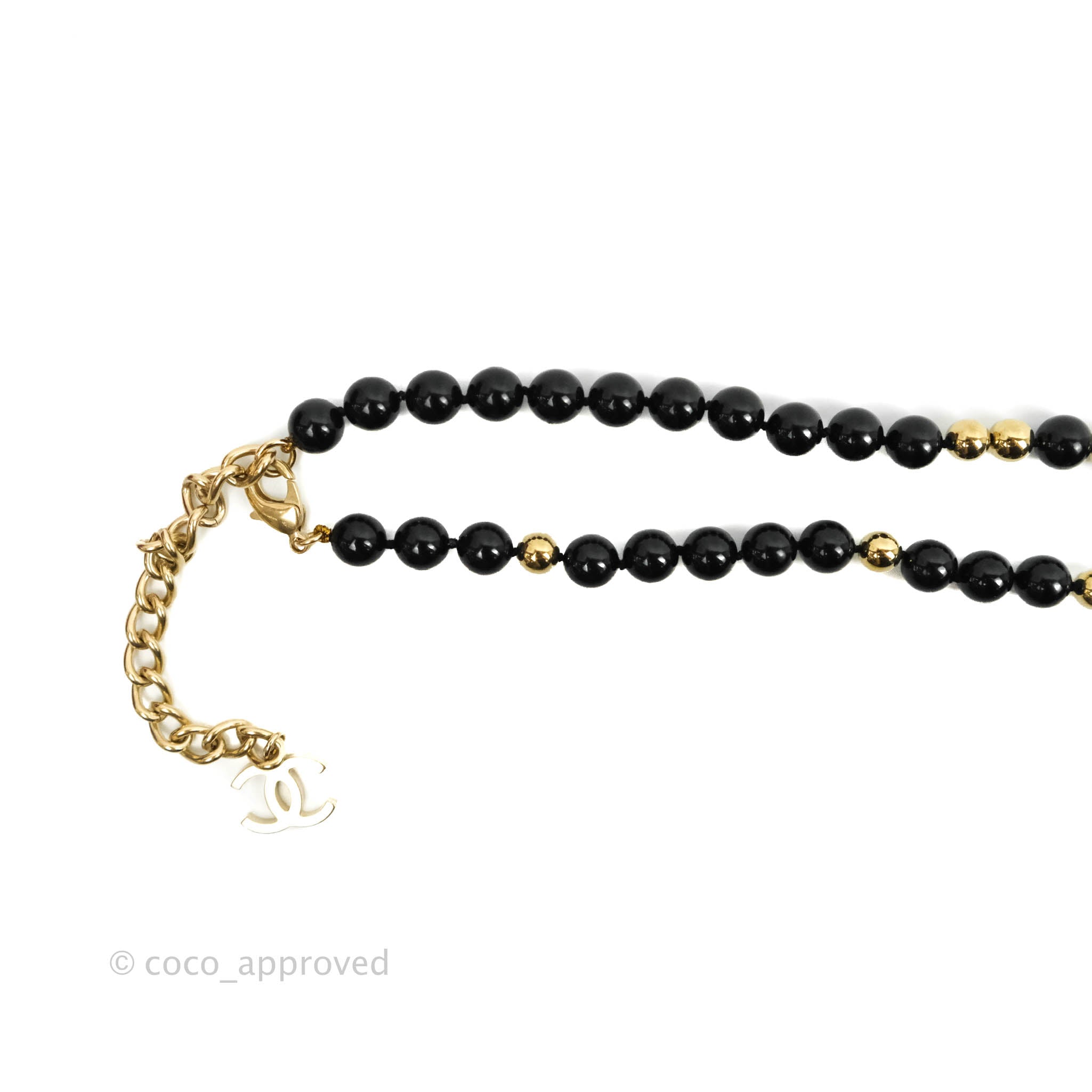 Chanel CC Logo Black & Gold Beaded Necklace - Elegant Statement Jewelry for Women, Perfect for Parties, Weddings & Special Occasions