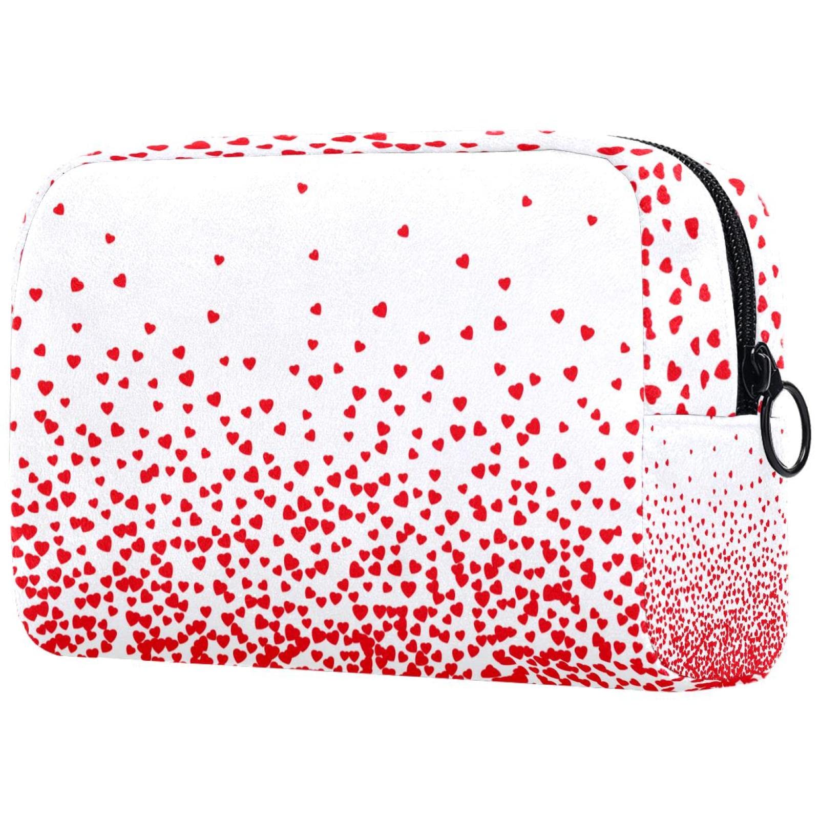 Medium Square Canvas Cosmetic Bag Bulk - Fluffy Makeup Pouch & Pencil Case Organizer with Red Love Heart Pattern | Perfect for Travel, School, and Daily Beauty Storage