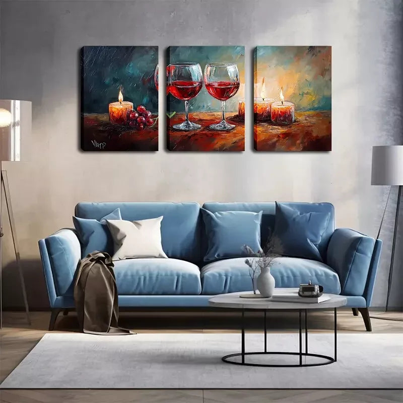 3-Piece Red Wine & Candles Wall Art Set - Framed Canvas 40x60cm (16x24in) - High Quality Print - Australian Made - Ready to Hang - Perfect for Dining Room, Kitchen Decor & Romantic Home Decor