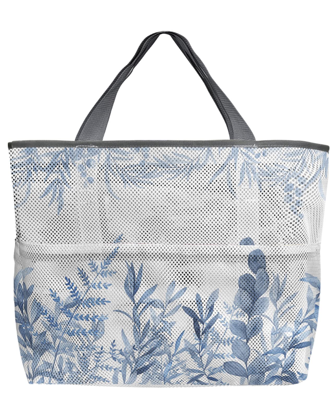 Large Mesh Beach Bag for Women - Watercolor Tropical Blue Leaves Design with 8 Pockets | Perfect for Summer Travel, Pool & Beach Essentials | Durable Toy Tote for Swimwear, Towels & Accessories