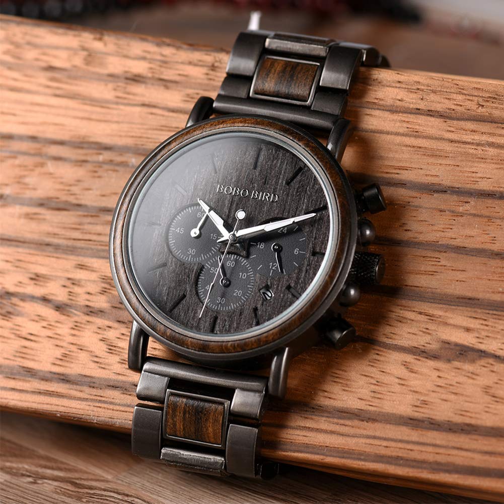BOBO BIRD Men's Wooden Watches - Wood & Stainless Steel Chronograph Military Quartz Watch for Casual Wear - Perfect for Outdoor Adventures, Business Meetings and Everyday Fashion