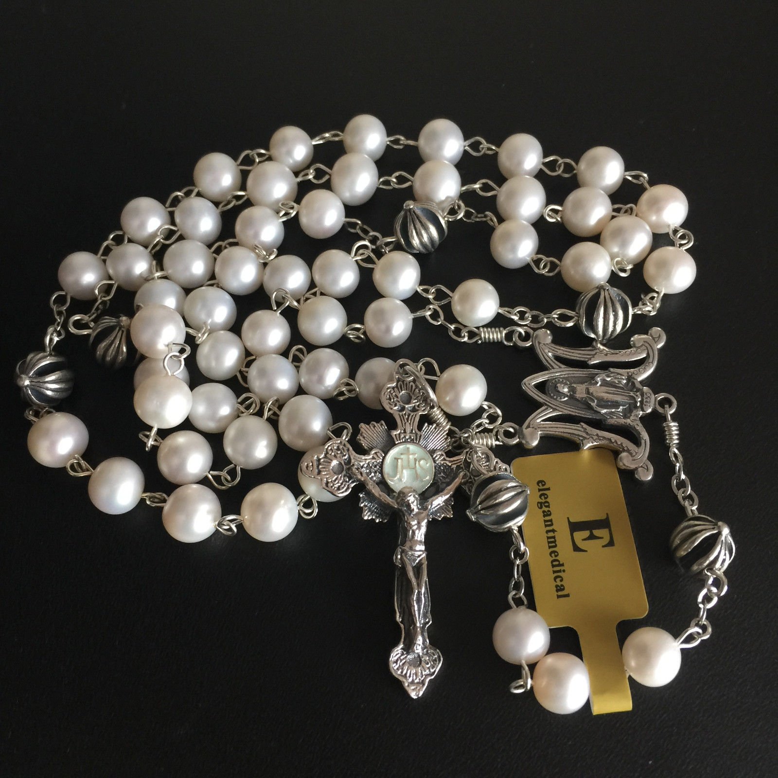 Handmade Catholic Rosary Necklace with Real Pearl & Bali Sterling Silver Cross Beads - Elegant Religious Jewelry for Prayer, Meditation & Faith Gifts