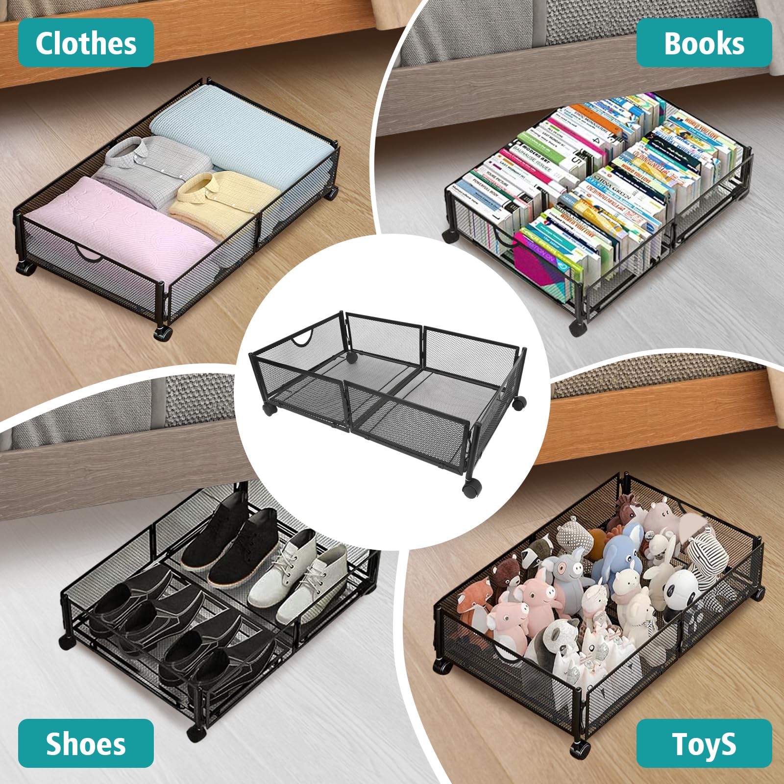 Kmise 4-Piece Underbed Storage Bins with Wheels - Metal Bed Storage Containers for Clothes, Blankets, Toys, Books & Shoes | Space-Saving Bedroom Organization Solution for Small Spaces & Apartment Living
