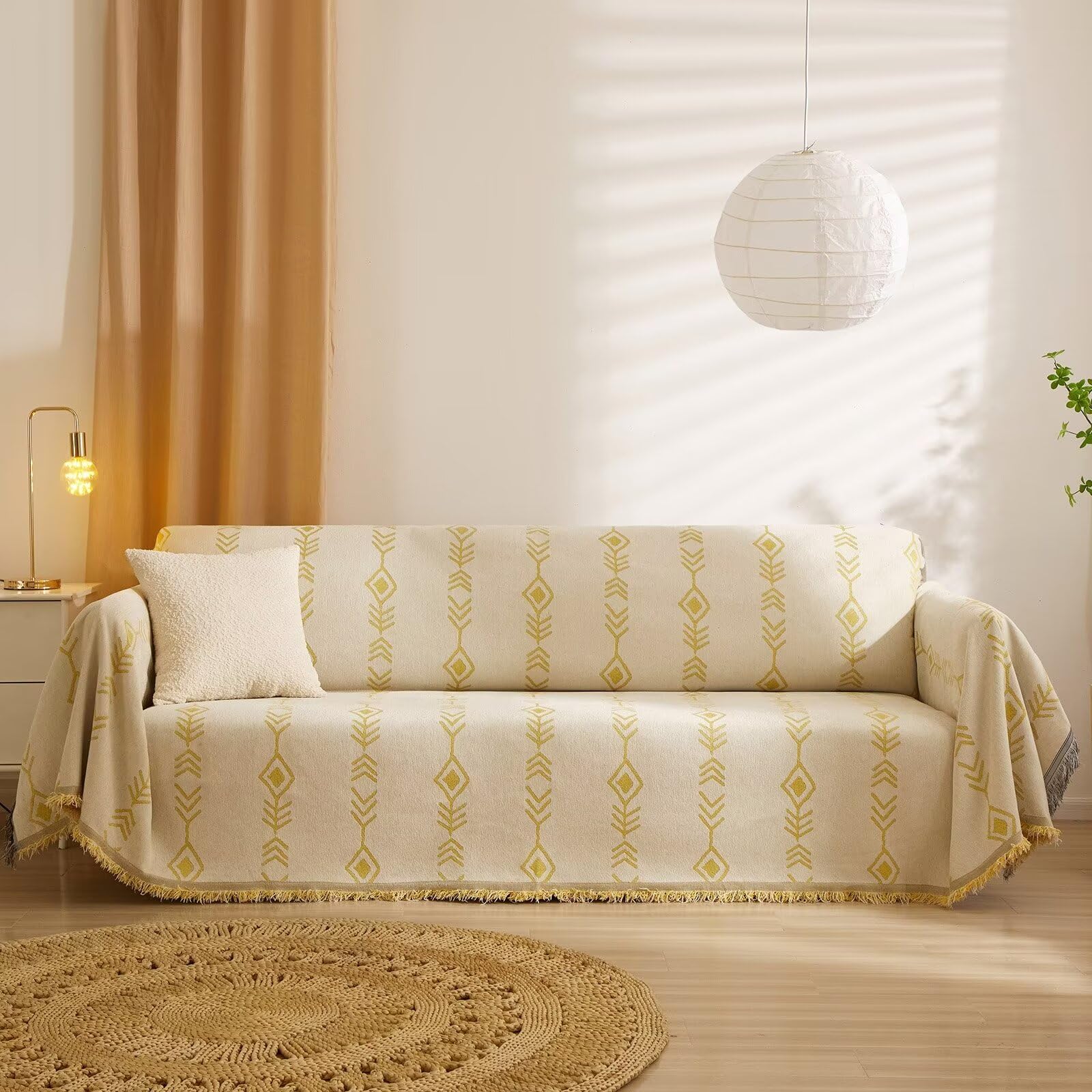 VClife Reversible Chenille Sofa Slipcover - Soft Thick Boho Couch Cover for 2 Cushion Sofa, Sectional & Futon - Beige Yellow Herringbone Plaid Design - Dog & Pet Furniture Protector - Perfect for Living Room, Bedroom & Home Decor