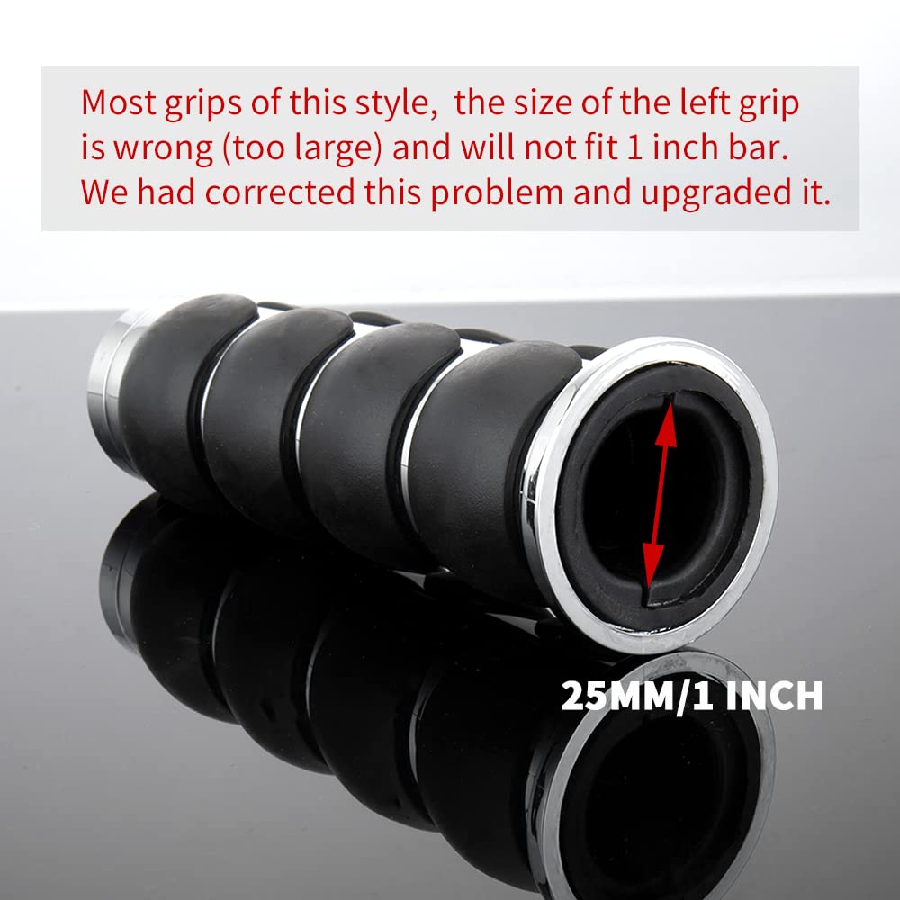 1 Inch Motorcycle Hand Grips - 25MM Chrome Black Aluminum Rubber Handlebar Throttle Grips for Harley Davidson Dyna, Sportster, Road King, Street Glide, Fat Boy & Honda Shadow VTX - Perfect for Cruiser and Touring Bike Comfort