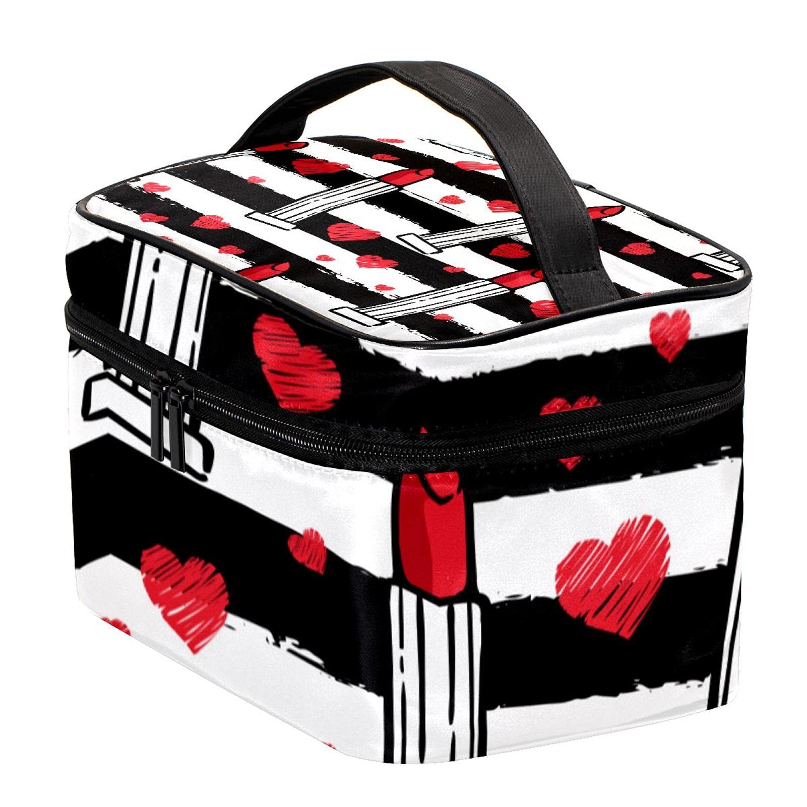 Red Lipstick & Black White Stripes Large Travel Makeup Bag - Cosmetic Organizer Case with Zipper for Women & Girls | Perfect for Travel, Gym & Daily Essentials Storage